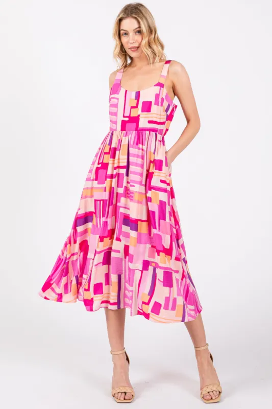 Fuchsia Geo Printed Cut Out Back Detail Midi Dress made by Pinkblush