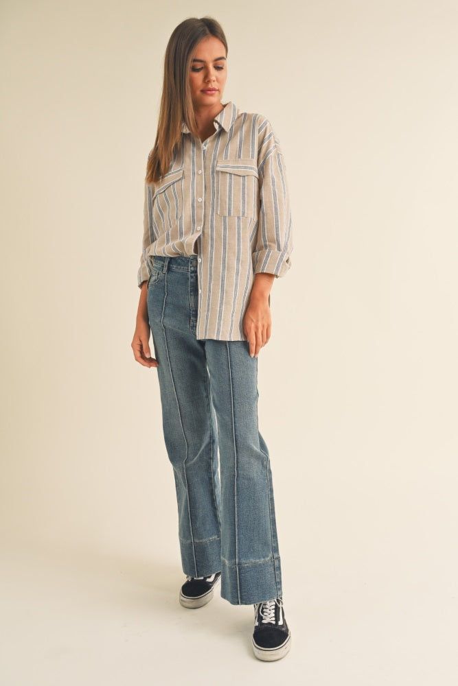 Taupe Striped Button Up Top sold by Pinkblush