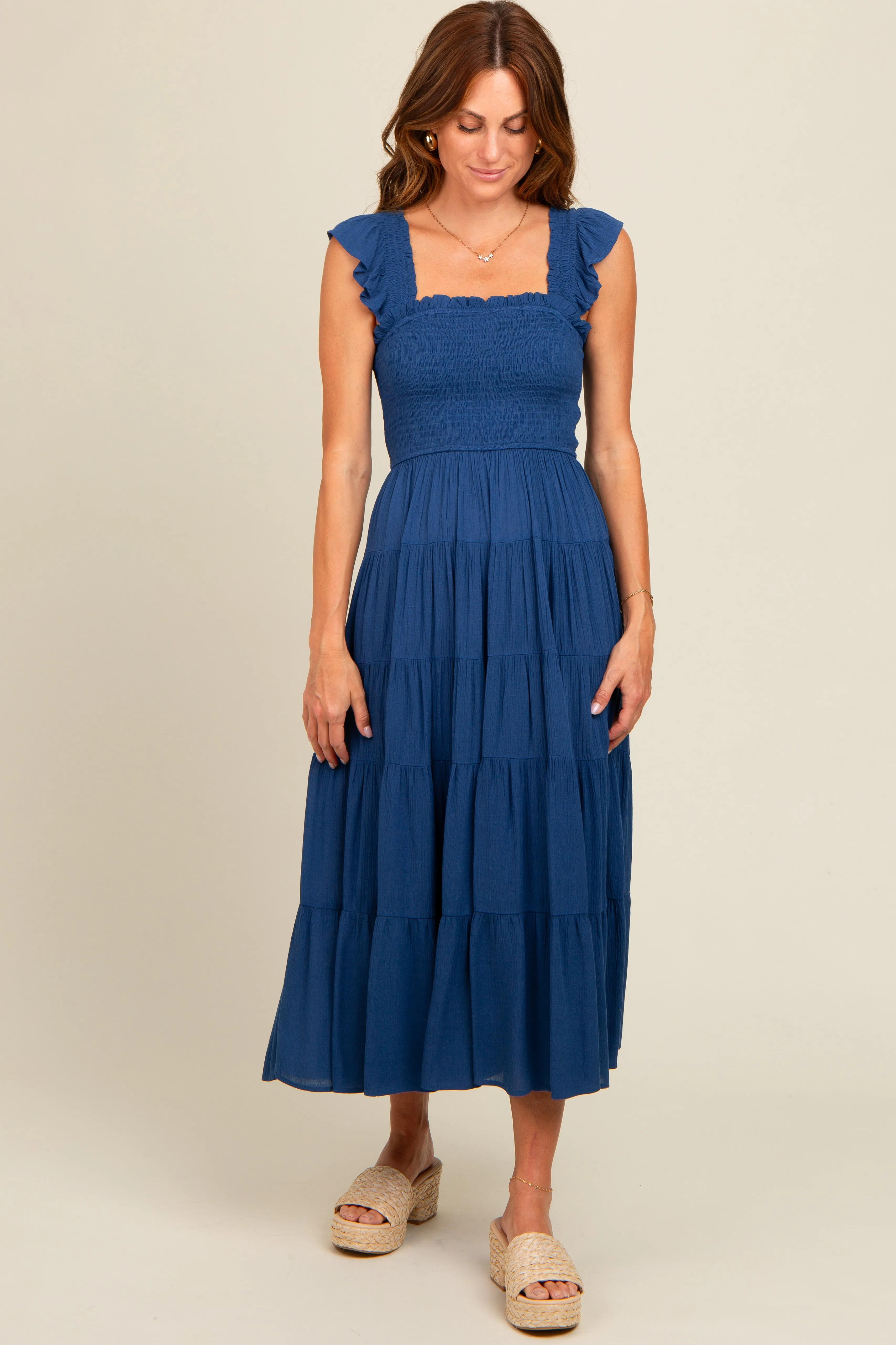 Navy Blue Smocked Tiered Ruffle Strap Midi Dress sold by Pinkblush product image thumbnail 2