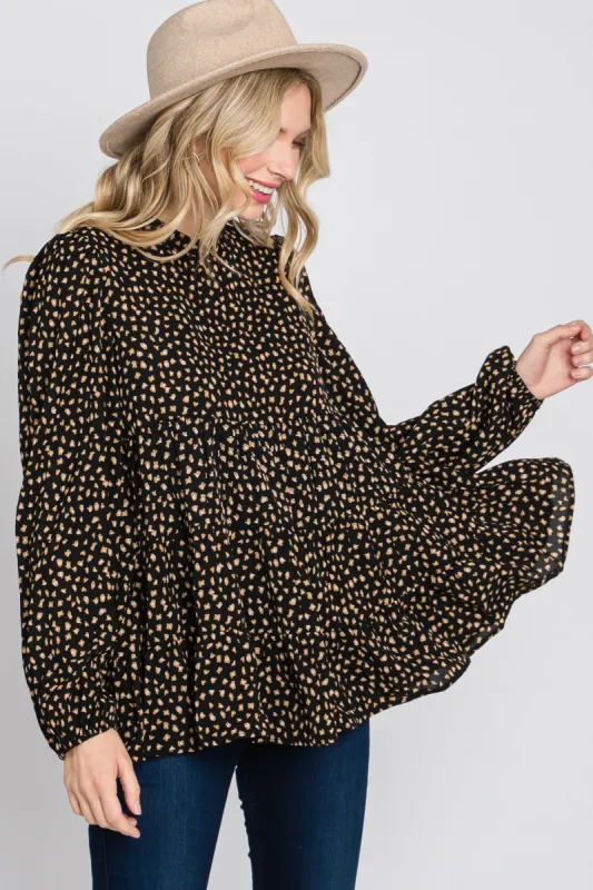 Black Animal Print Mock Neck Tiered Top sold by Pinkblush