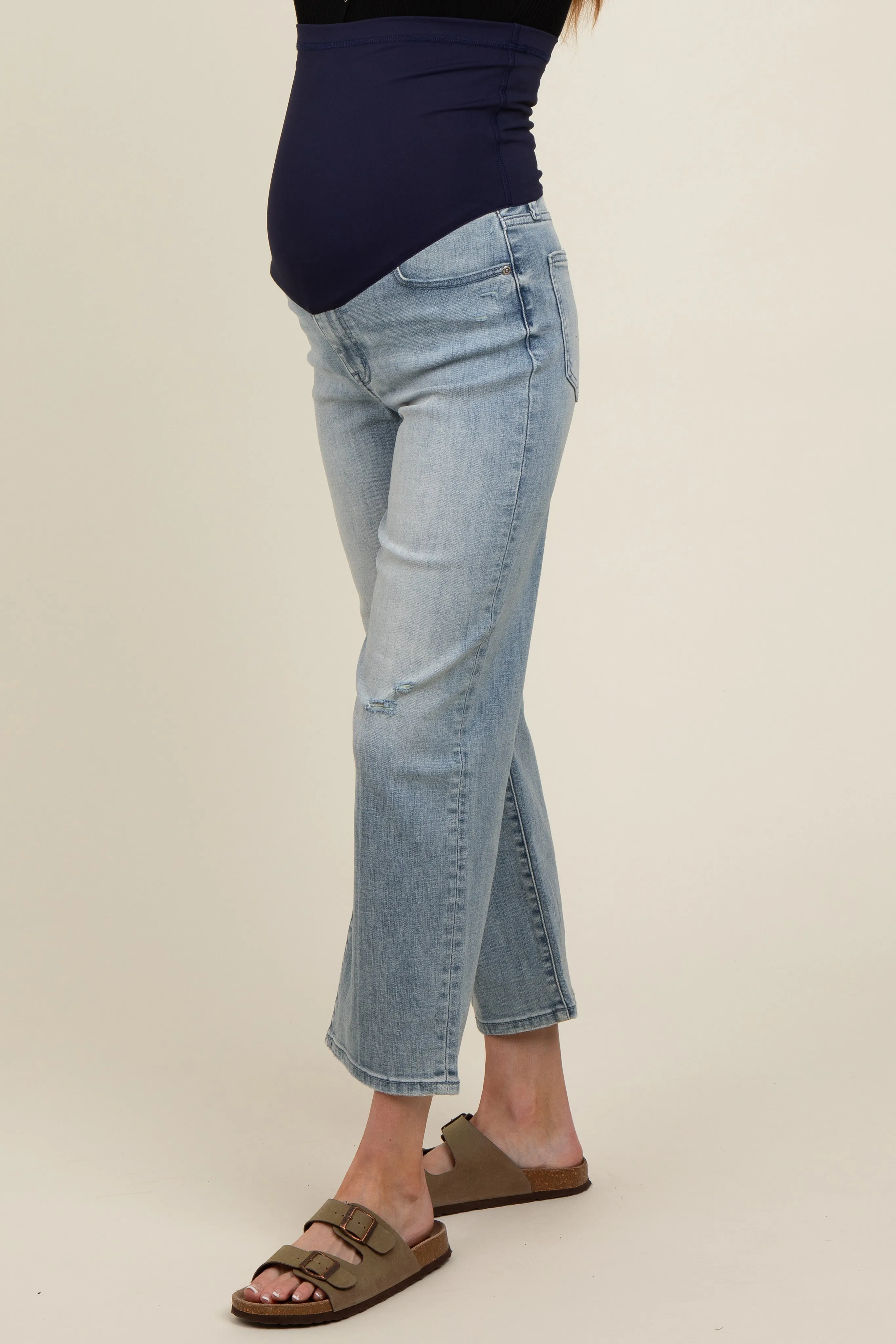 Light Blue Distressed Maternity Wide Leg Ankle Crop Jeans sold by Pinkblush product image thumbnail 4
