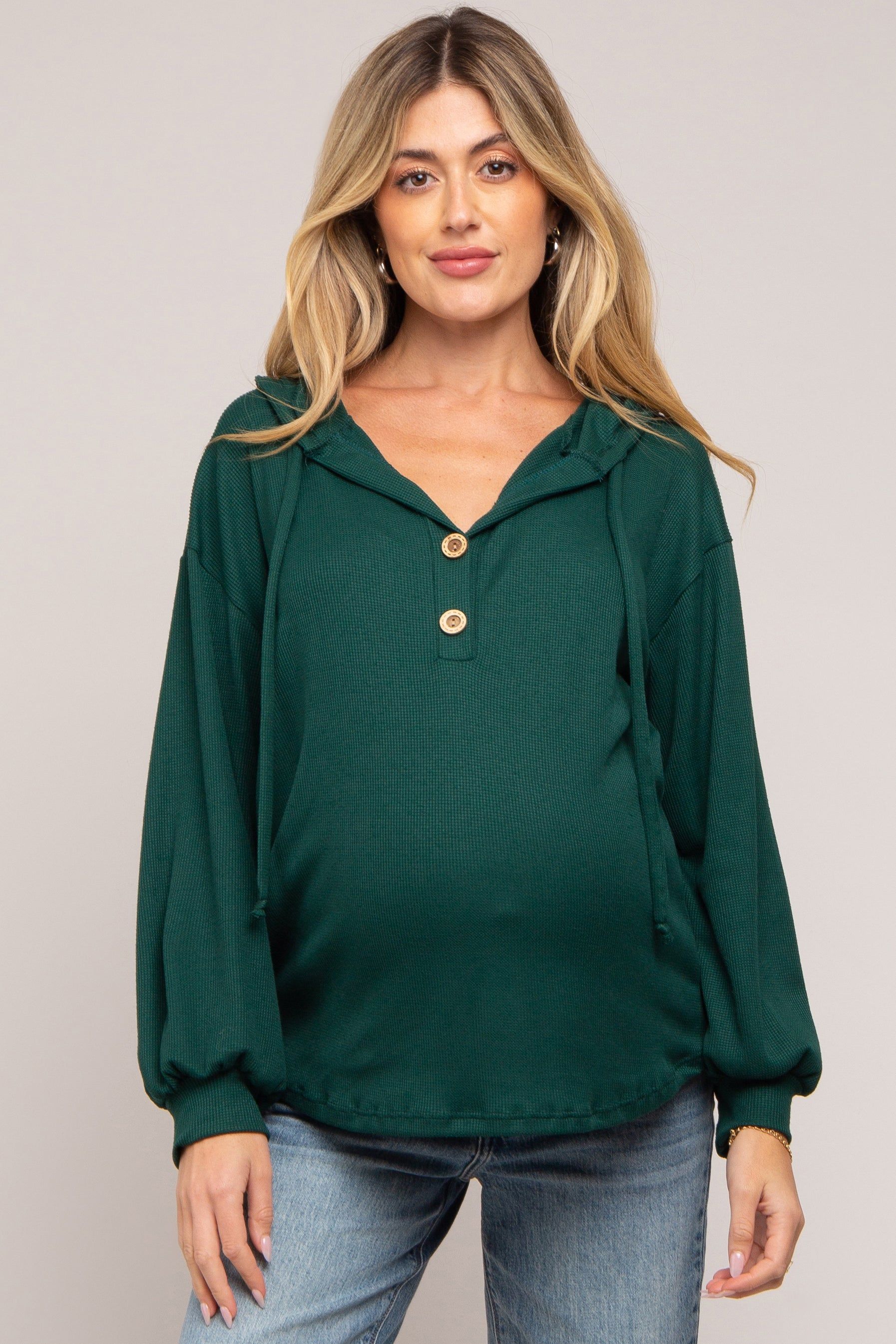 Forest Green Button Accent Hooded Maternity Henley Top sold by Pinkblush