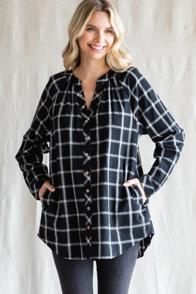 Black Plaid Button Down Long Sleeve Top sold by Pinkblush