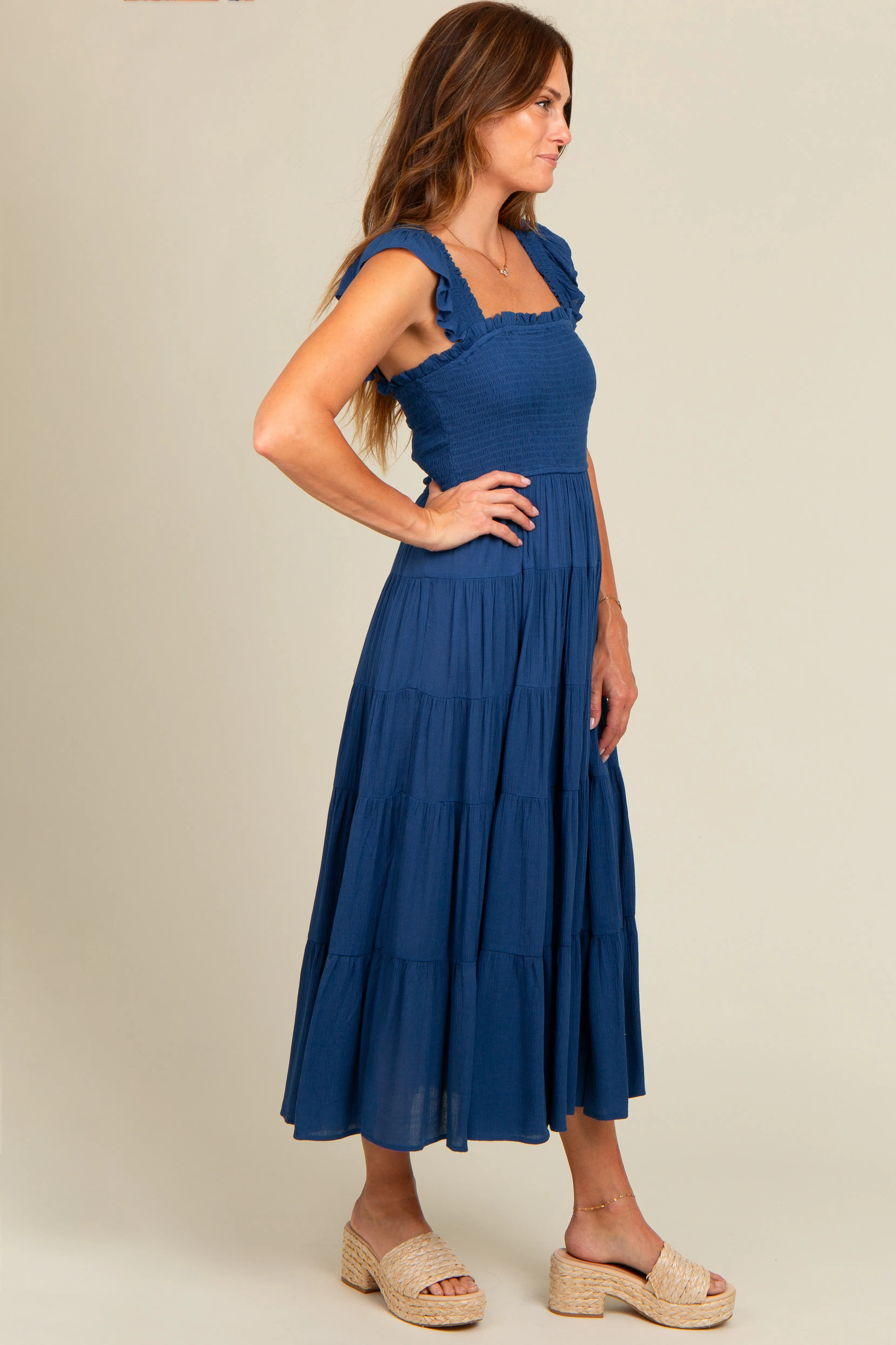 Navy Blue Smocked Tiered Ruffle Strap Midi Dress sold by Pinkblush product image thumbnail 3