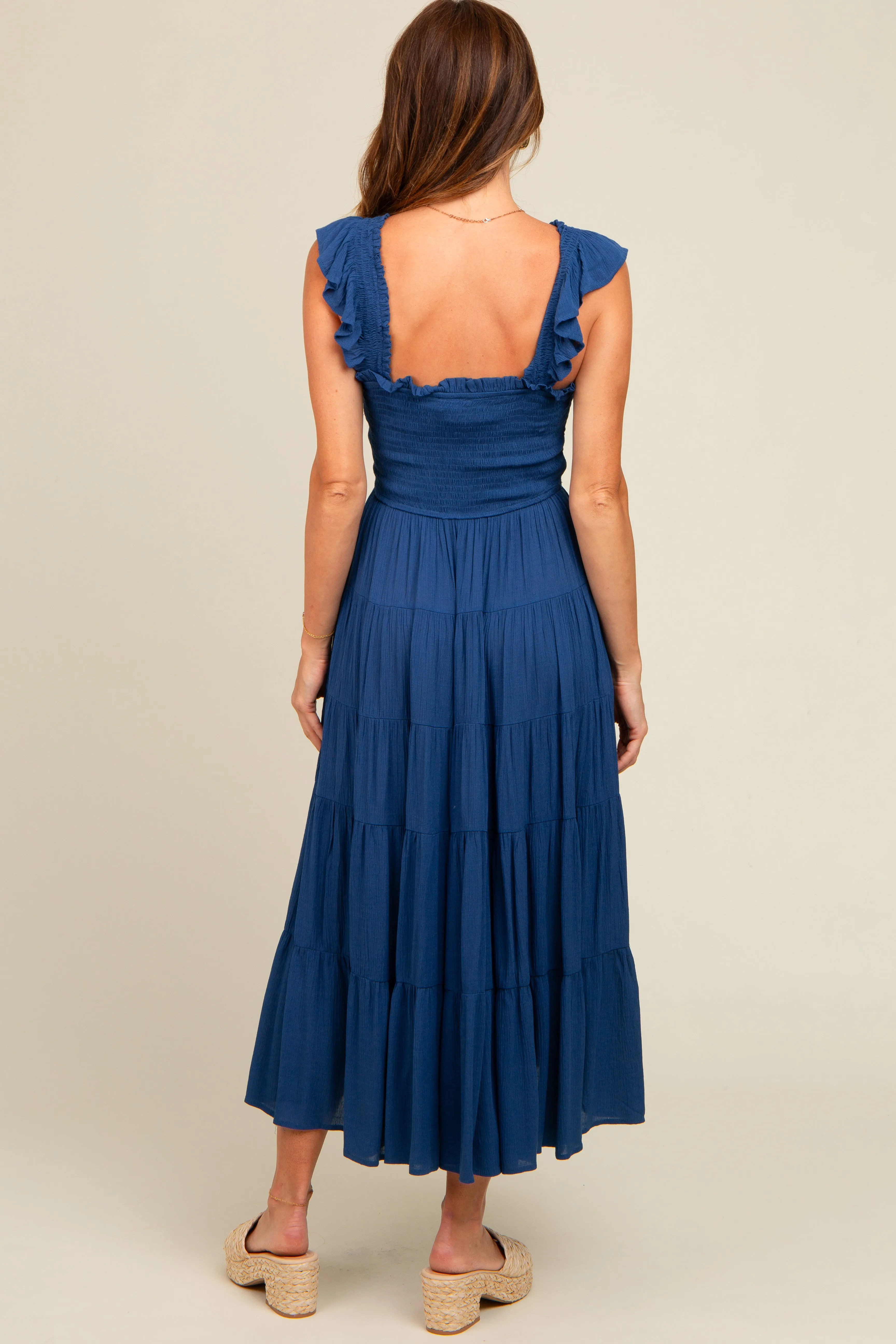 Navy Blue Smocked Tiered Ruffle Strap Midi Dress sold by Pinkblush product image thumbnail 4