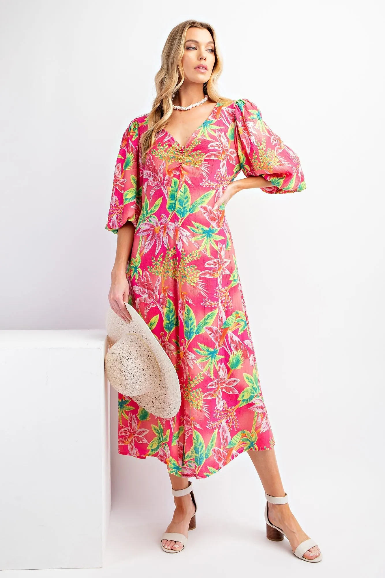 Fuchsia Tropical Print Midi Dress sold by Pinkblush
