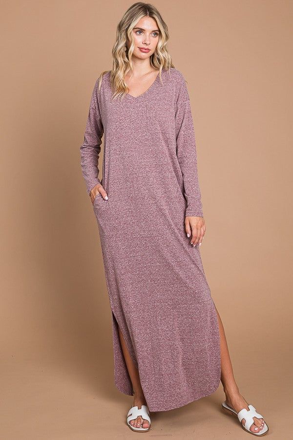 Plum Heathered Pocketed Long Sleeve Maxi Dress sold by Pinkblush
