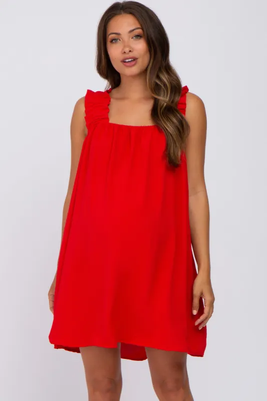 Red Sleeveless Ruffle Strap Maternity Dress sold by Pinkblush