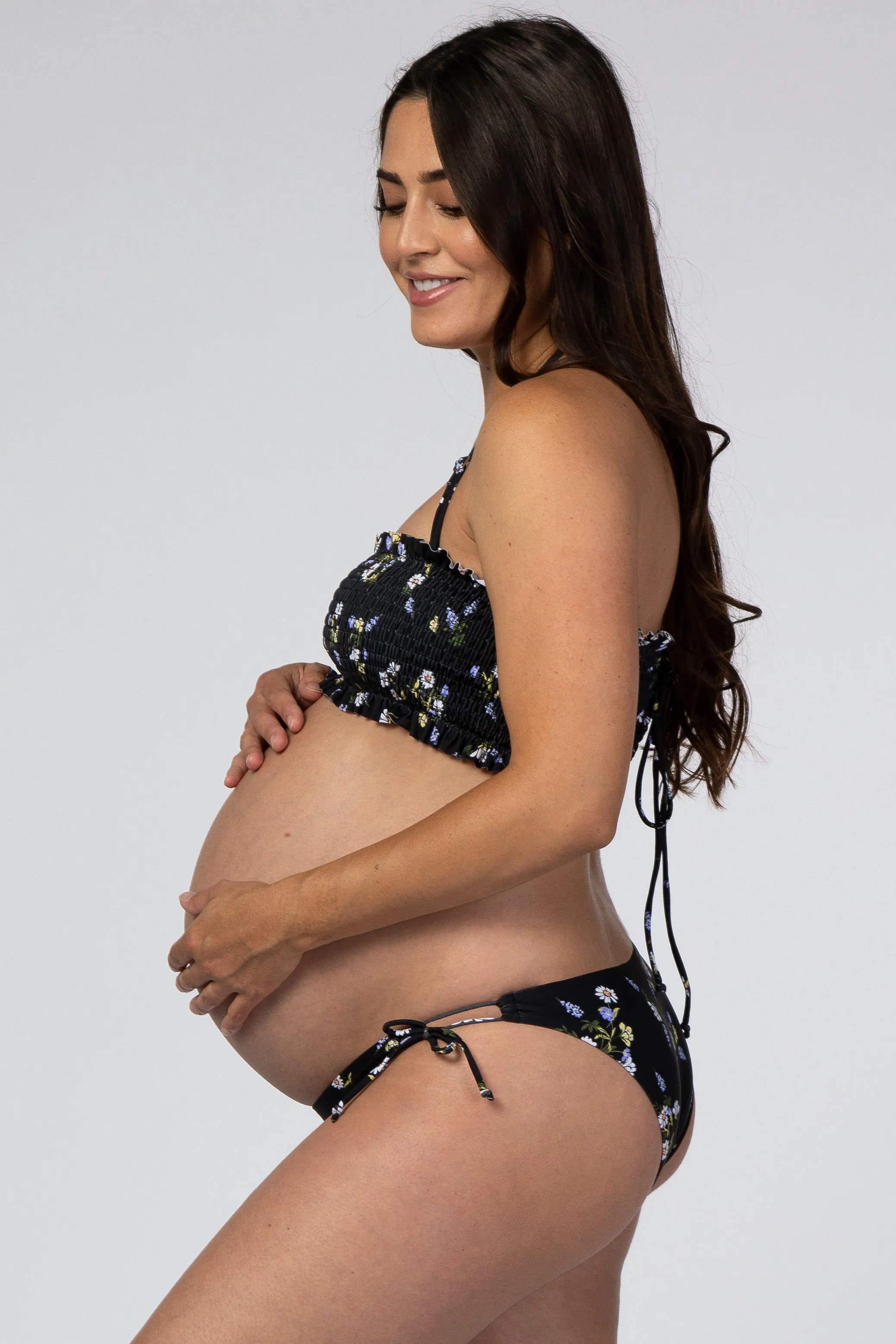 Black Floral Smocked Maternity Bikini Set sold by Pinkblush product image thumbnail 2
