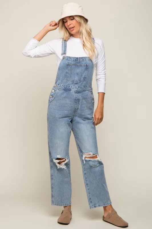Light Wash Distressed Maternity Overalls sold by Pinkblush