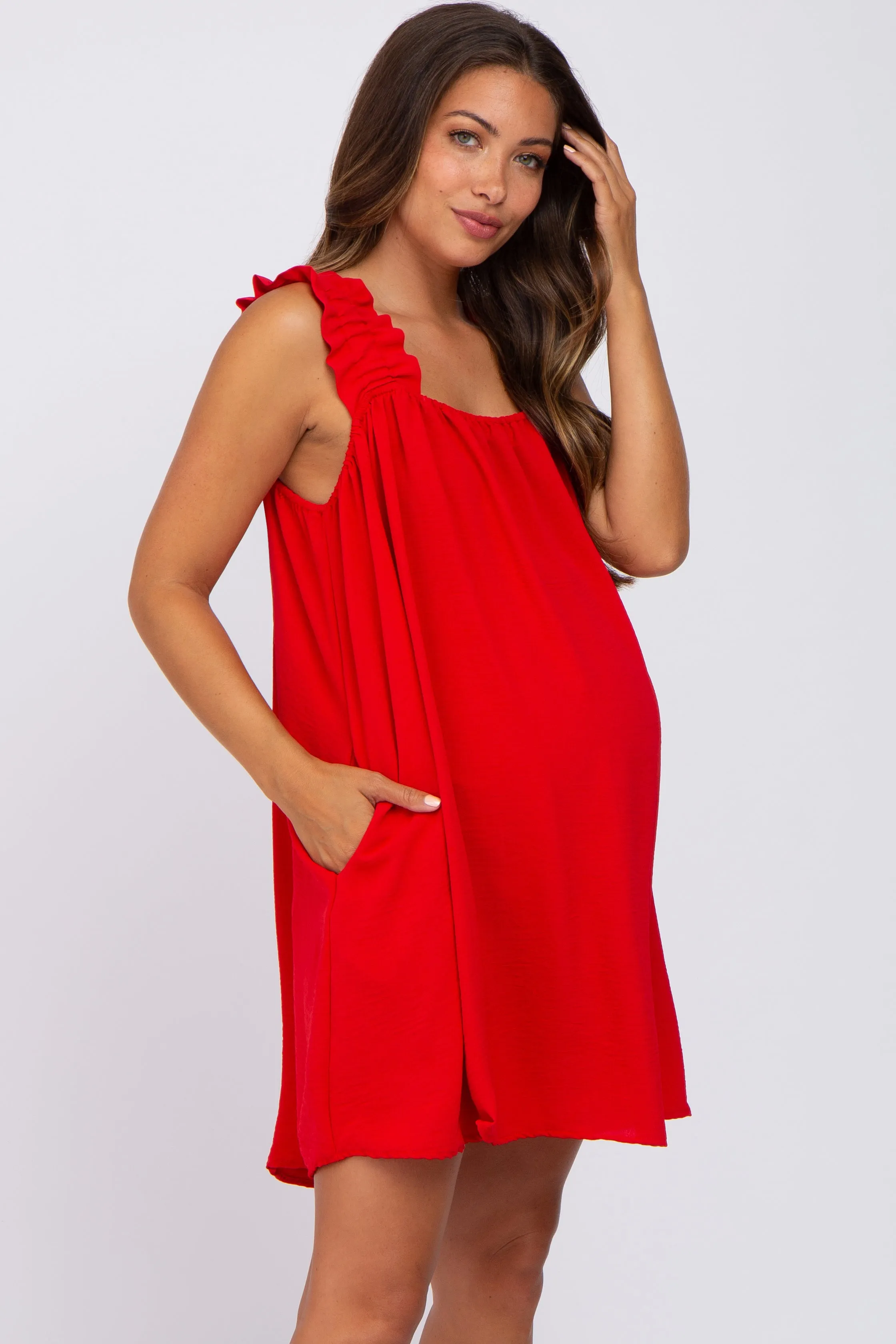 Red Sleeveless Ruffle Strap Maternity Dress sold by Pinkblush product image thumbnail 2