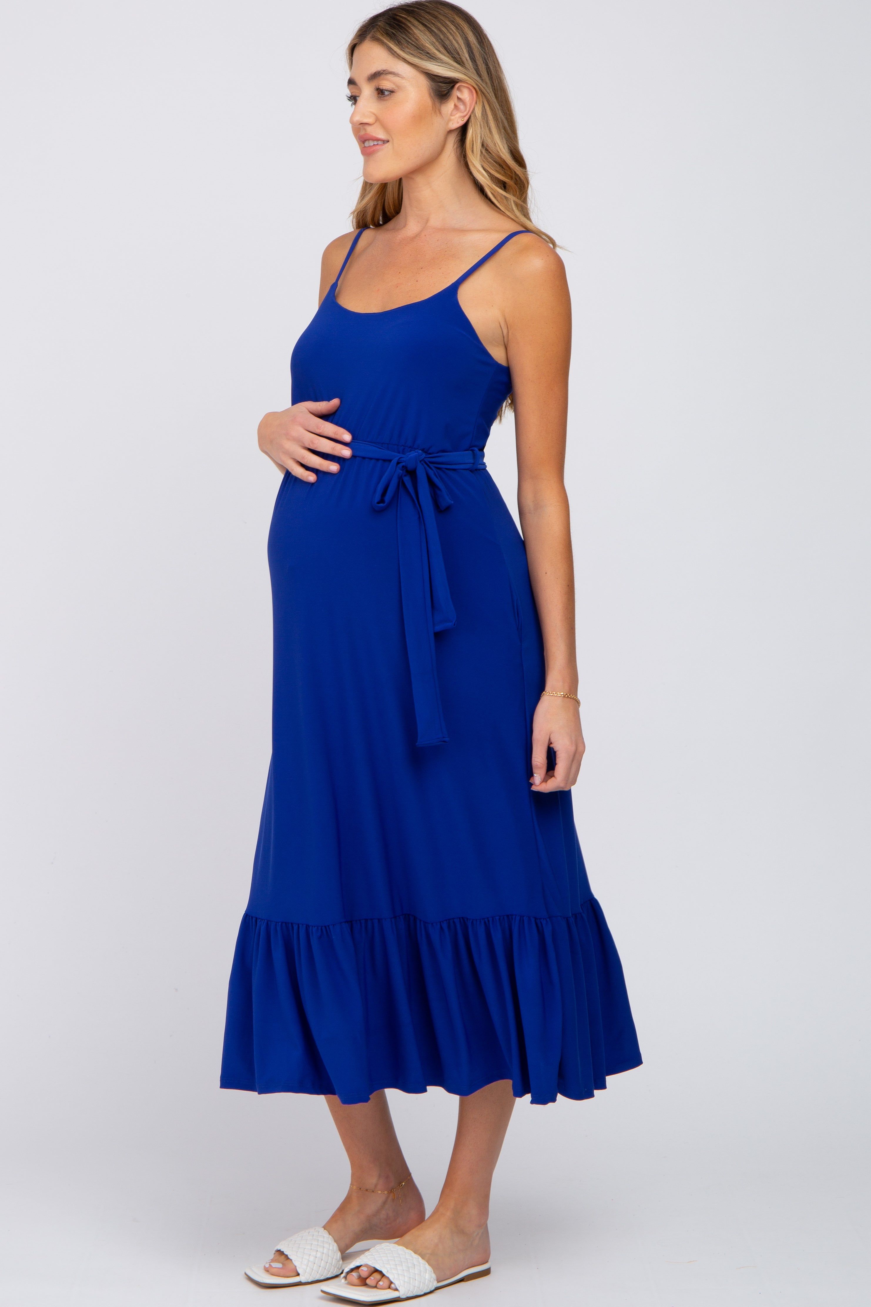 Royal Blue Waist Tie Ruffle Hem Maternity Midi Dress sold by Pinkblush product image thumbnail 2