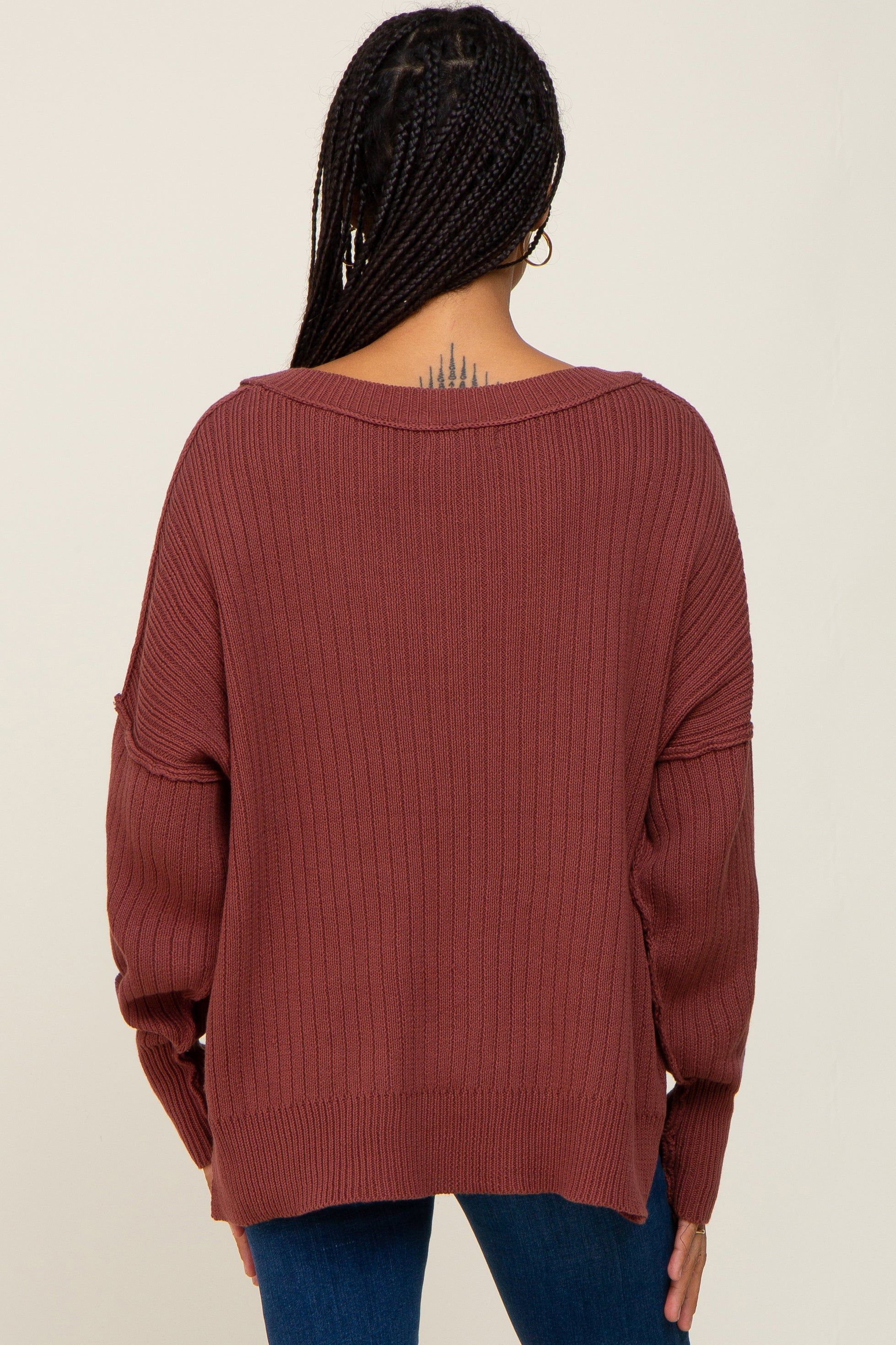Burgundy V-Neck Oversized Sweater sold by Pinkblush product image thumbnail 3