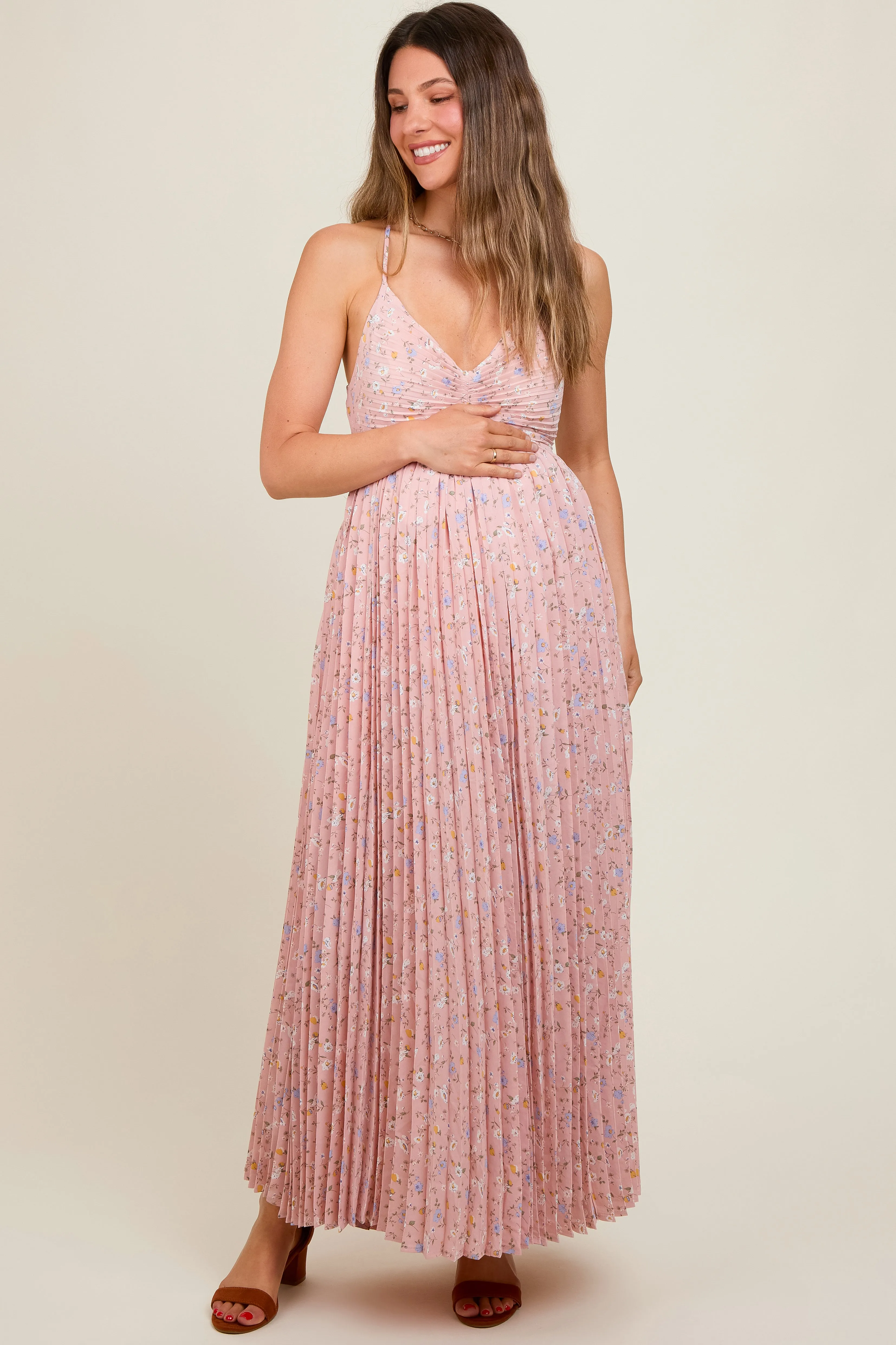 Light Pink Floral Pleated Back Cutout Maternity Maxi Dress sold by Pinkblush product image thumbnail 2