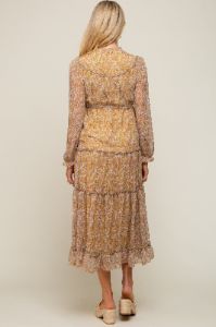 Dark Yellow Floral Ruffle Accent Tiered Maternity Midi Dress sold by Pinkblush