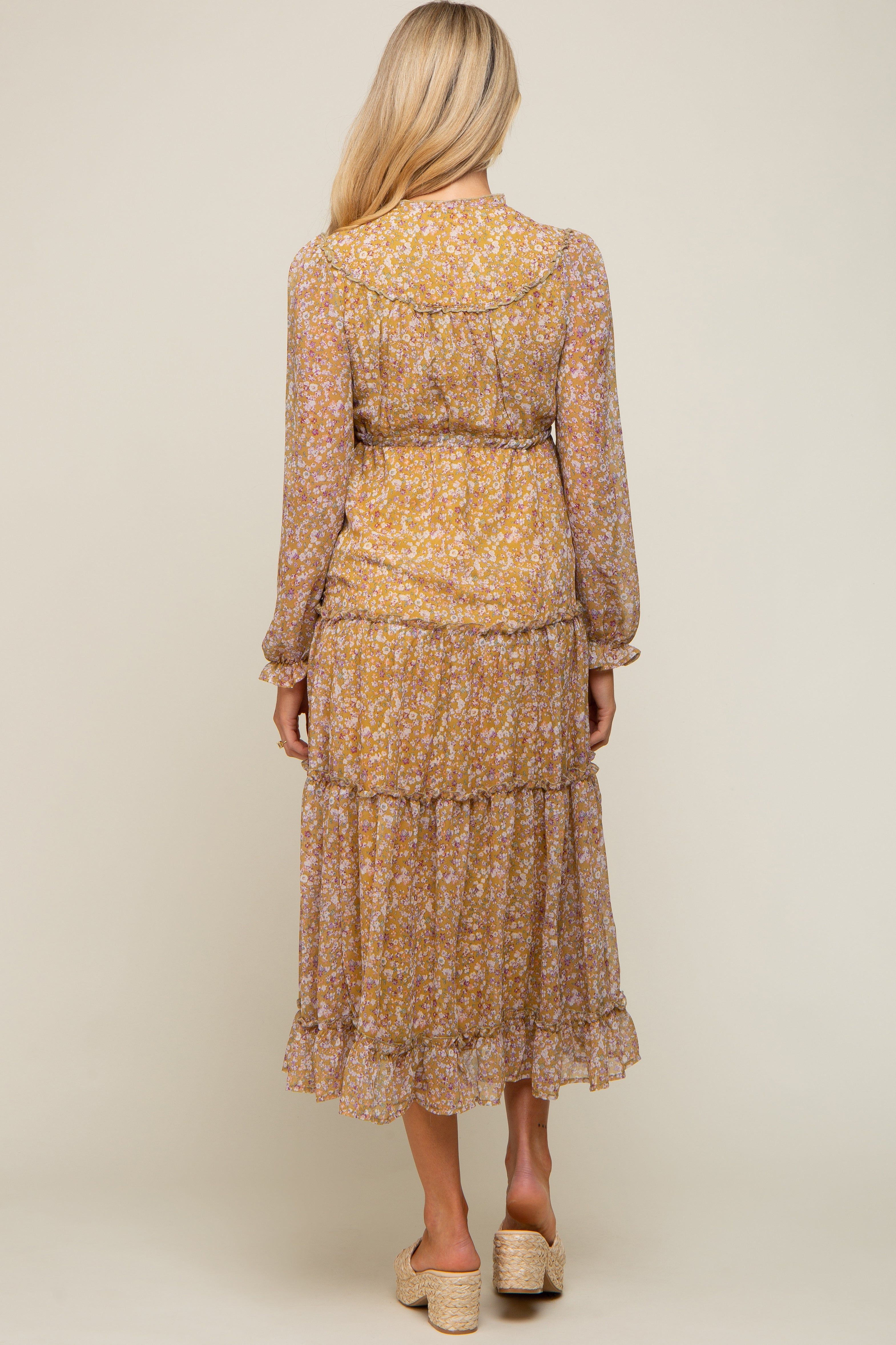Dark Yellow Floral Ruffle Accent Tiered Maternity Midi Dress sold by Pinkblush product image thumbnail 3