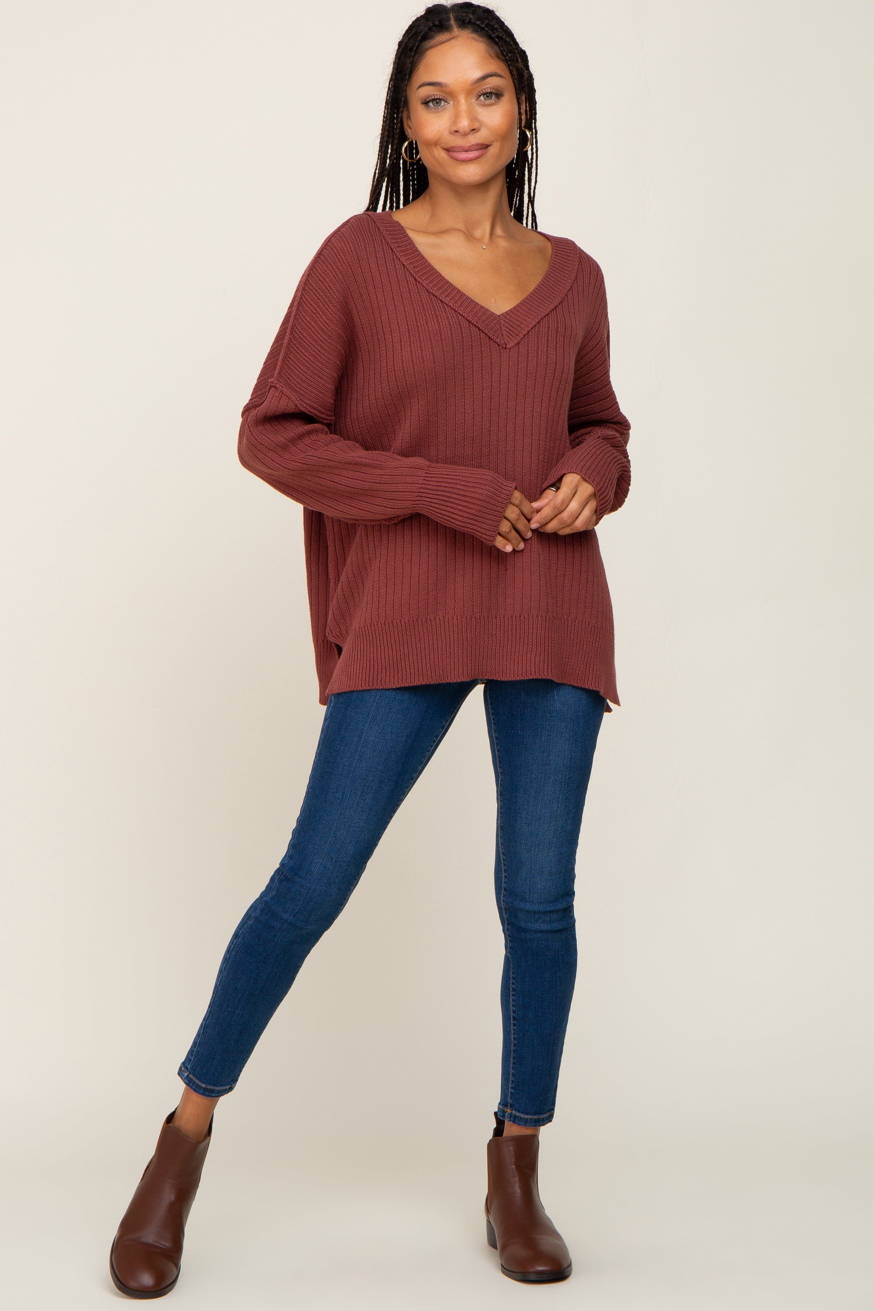 Burgundy V-Neck Oversized Sweater sold by Pinkblush product image thumbnail 4