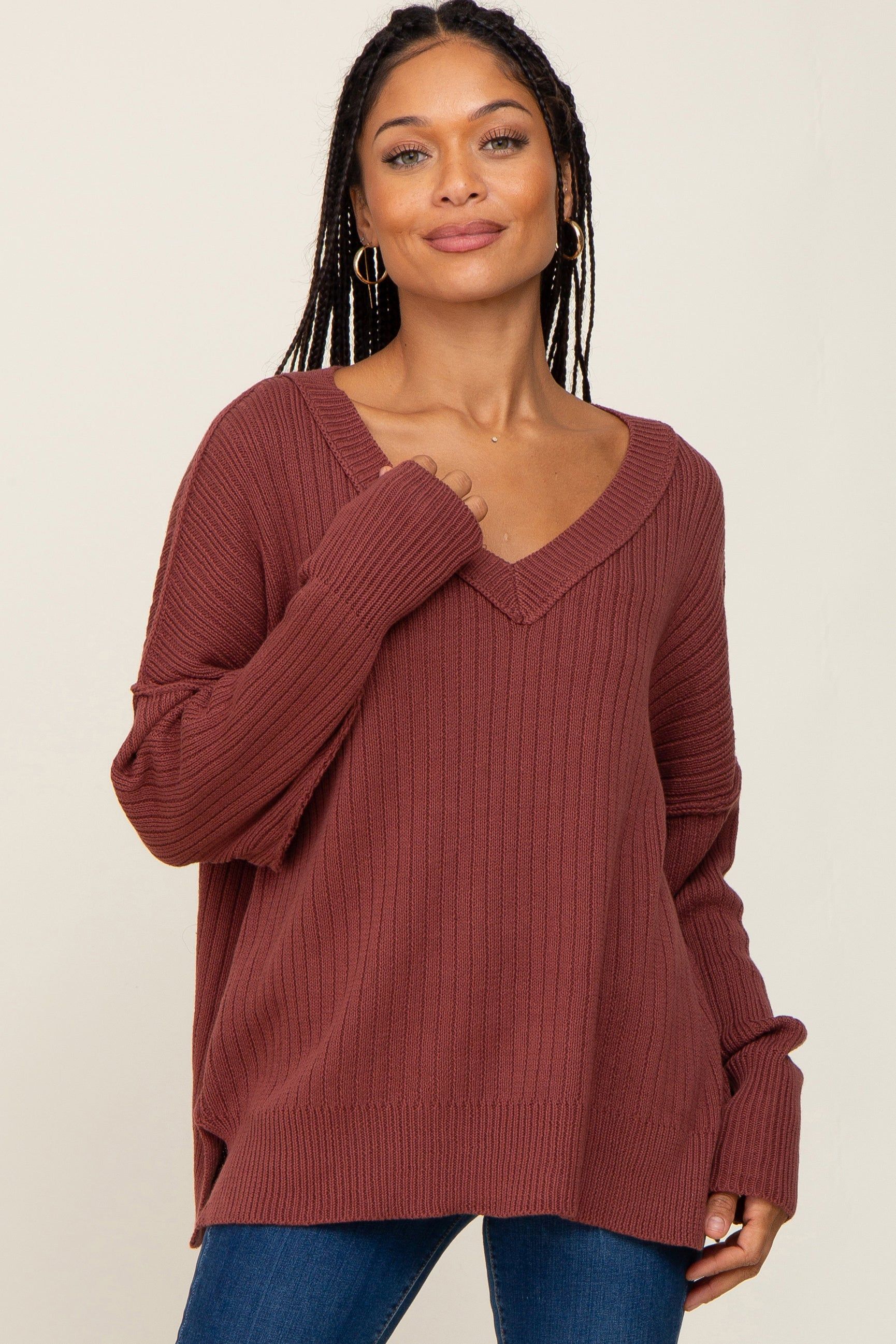 Burgundy V-Neck Oversized Sweater sold by Pinkblush