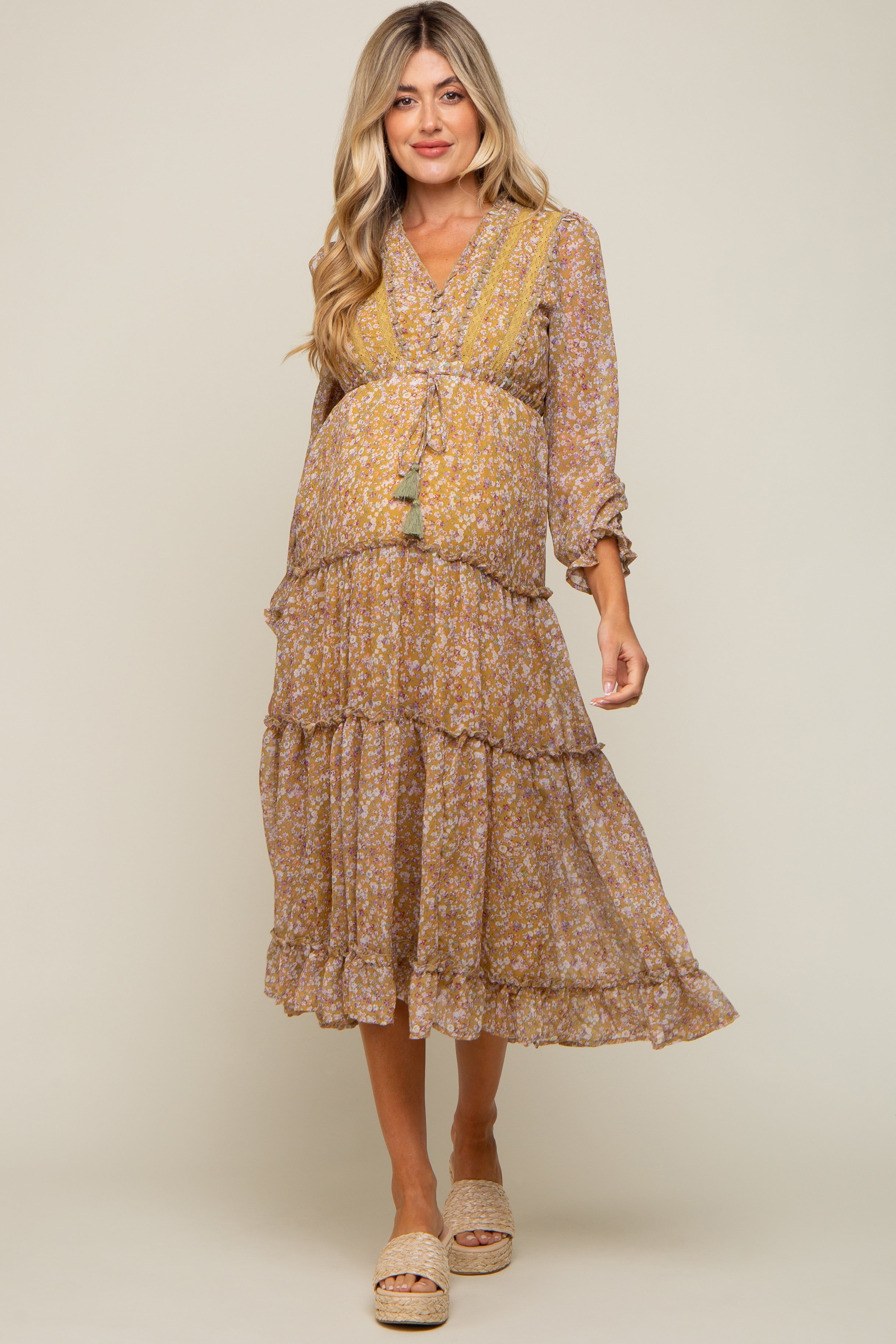 Dark Yellow Floral Ruffle Accent Tiered Maternity Midi Dress sold by Pinkblush product image thumbnail 4