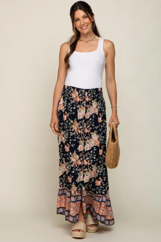 Navy Blue Floral Border Print Smocked Waist Button Front Maternity Maxi Skirt sold by Pinkblush