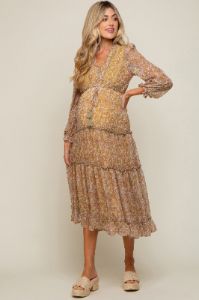 Dark Yellow Floral Ruffle Accent Tiered Maternity Midi Dress sold by Pinkblush