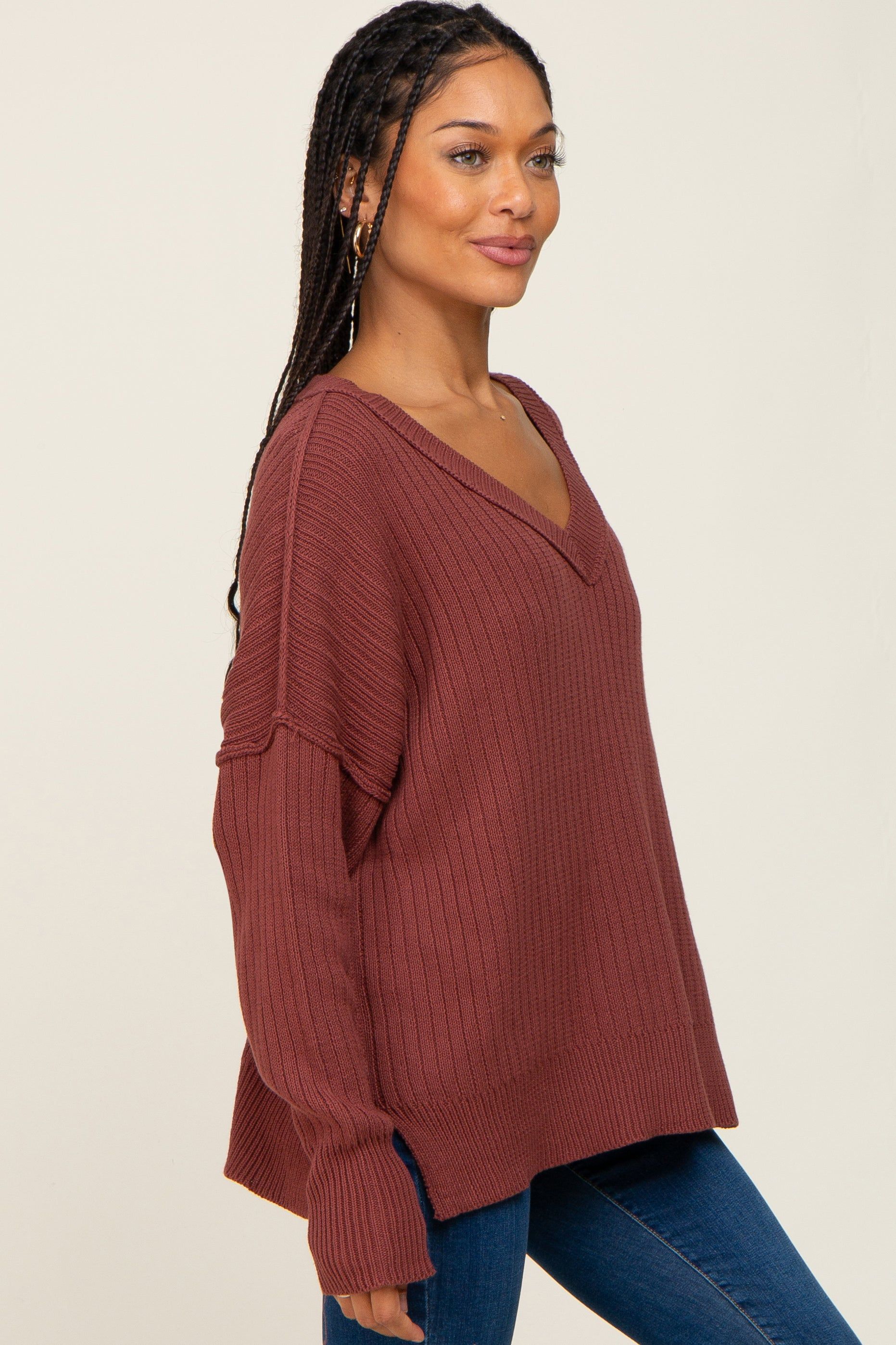 Burgundy V-Neck Oversized Sweater sold by Pinkblush product image thumbnail 2