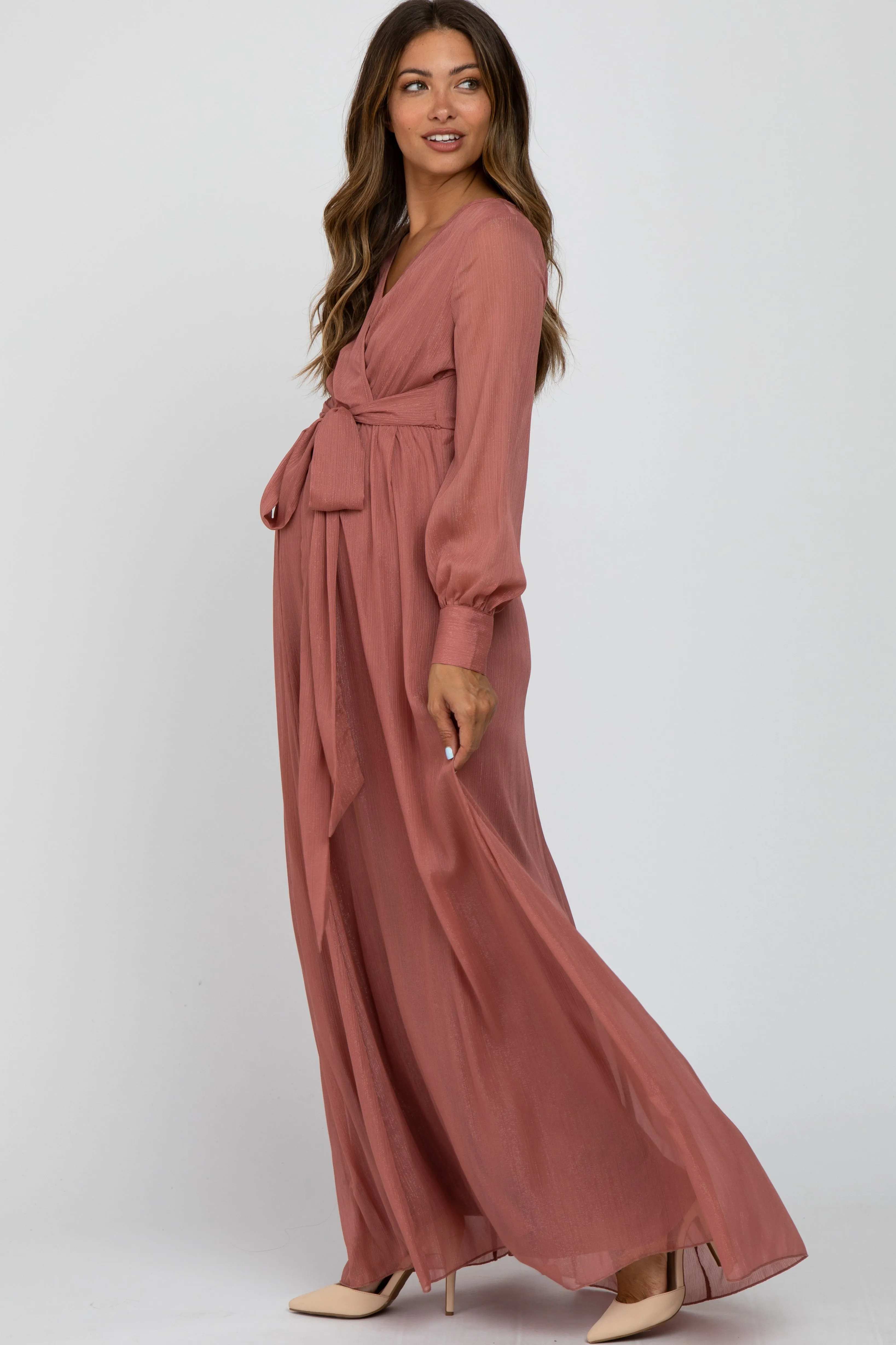 Pink Metallic Chiffon Maternity Maxi Dress sold by Pinkblush product image thumbnail 2