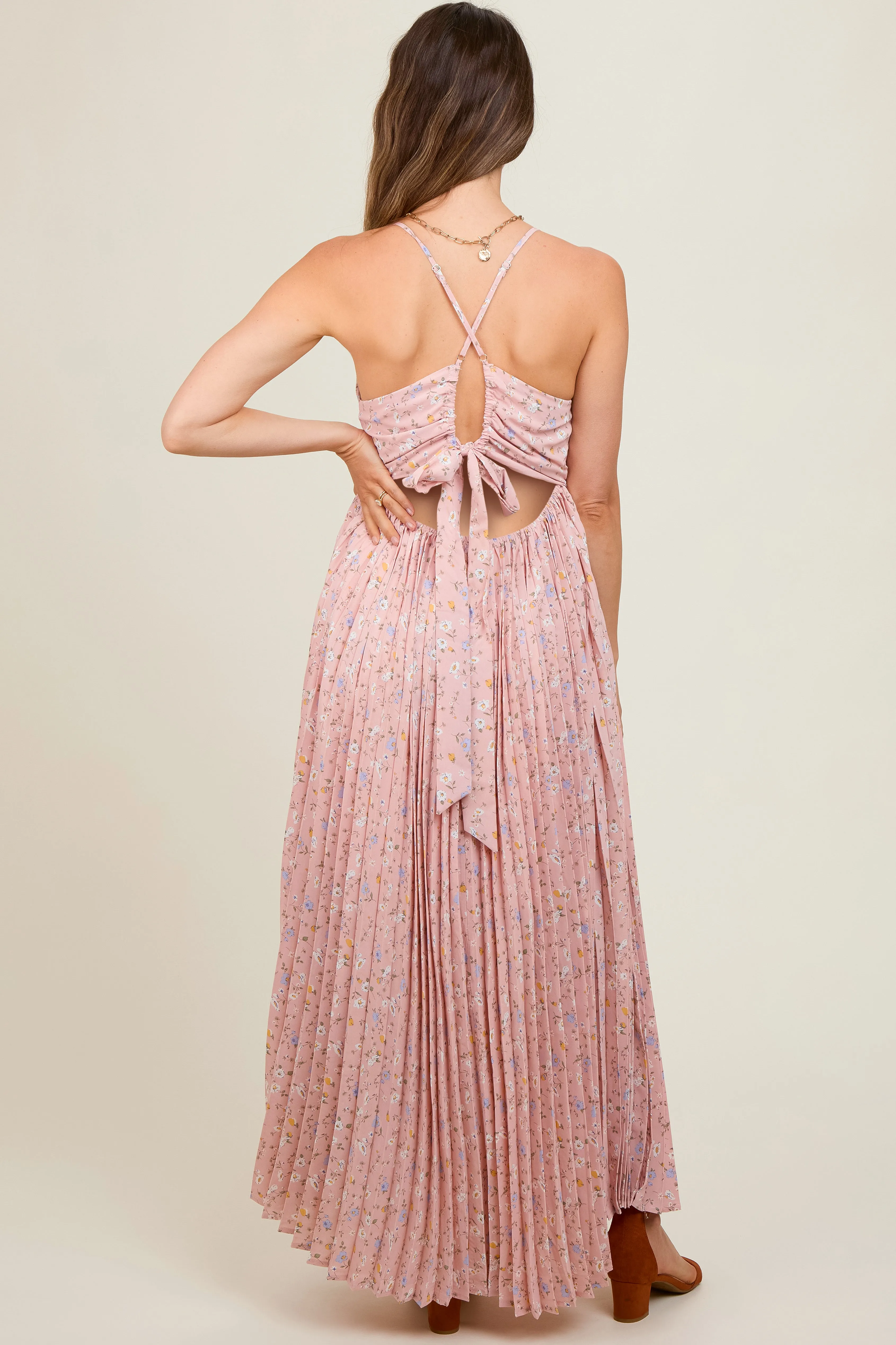 Light Pink Floral Pleated Back Cutout Maternity Maxi Dress sold by Pinkblush product image thumbnail 4