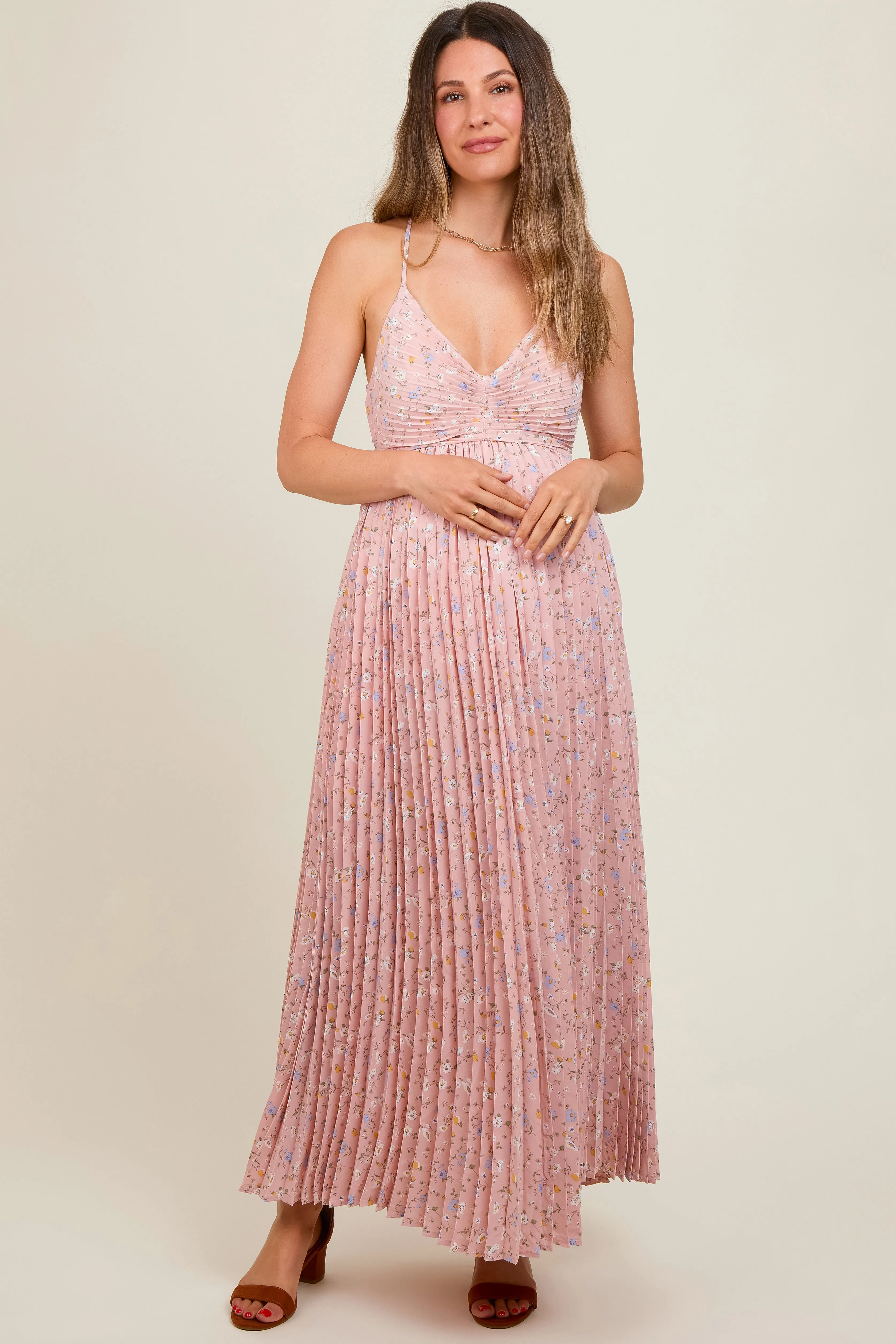 Light Pink Floral Pleated Back Cutout Maternity Maxi Dress sold by Pinkblush