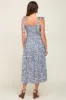 Light Blue Floral Smocked Shoulder Tie Midi Dress sold by Pinkblush