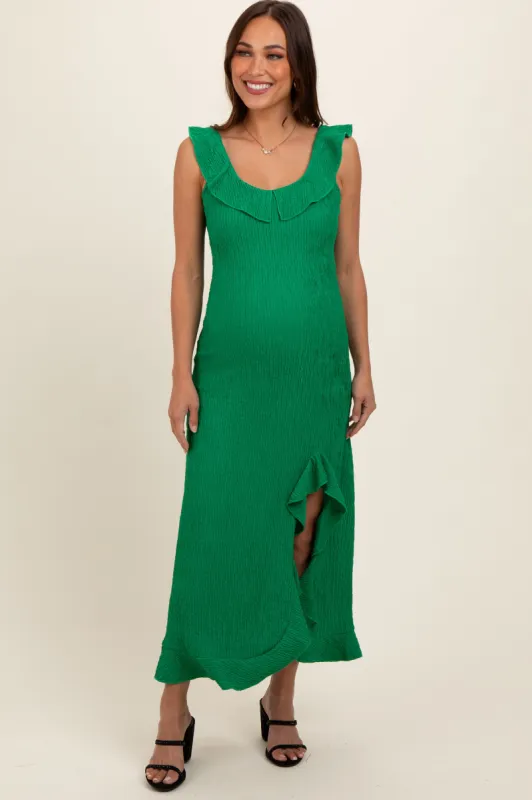 Green Textured Sleeveless Ruffle Slit Maternity Maxi Dress sold by Pinkblush