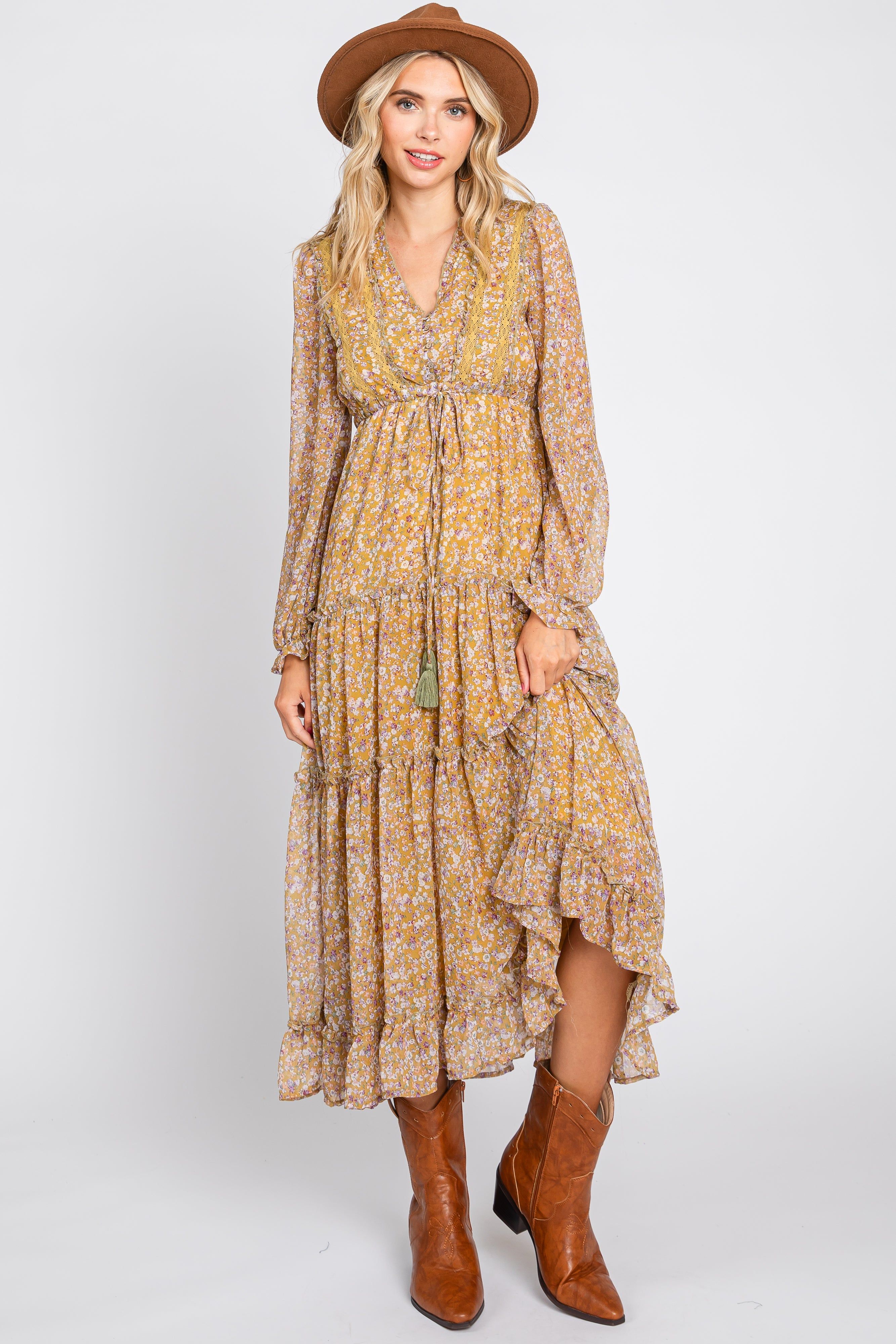 Dark Yellow Floral Ruffle Accent Tiered Maternity Midi Dress sold by Pinkblush product image thumbnail 5