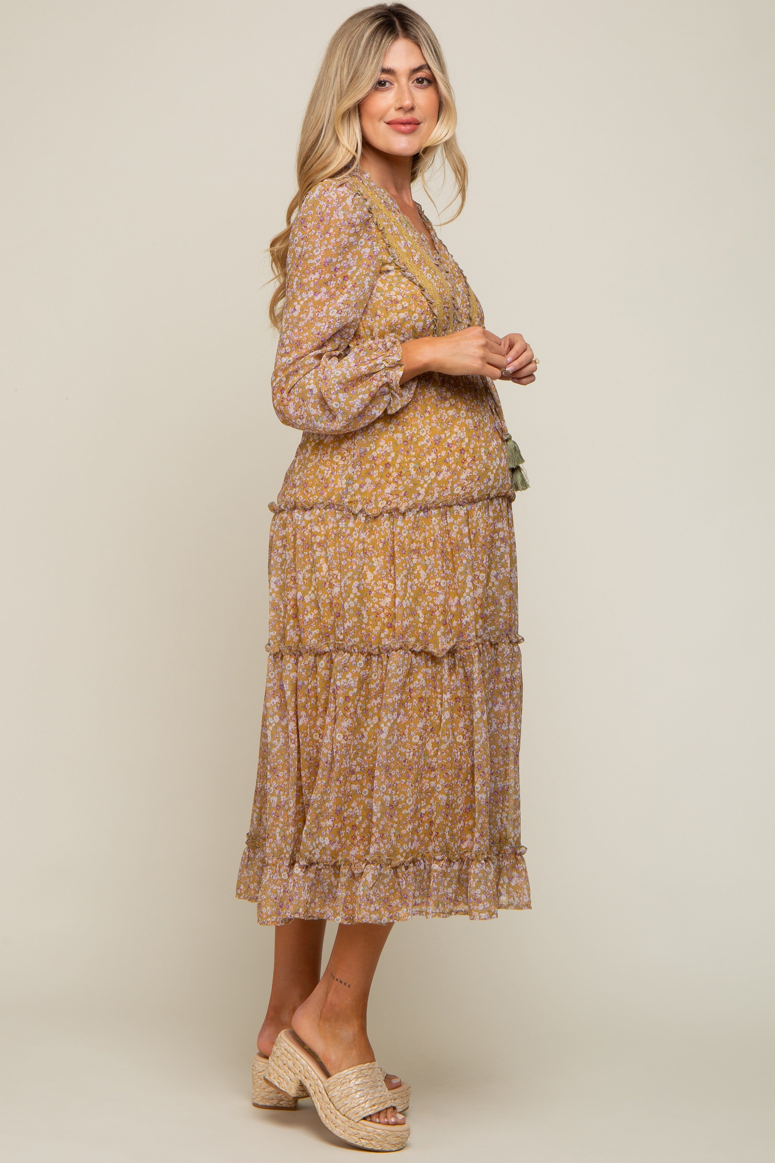Dark Yellow Floral Ruffle Accent Tiered Maternity Midi Dress sold by Pinkblush product image thumbnail 2