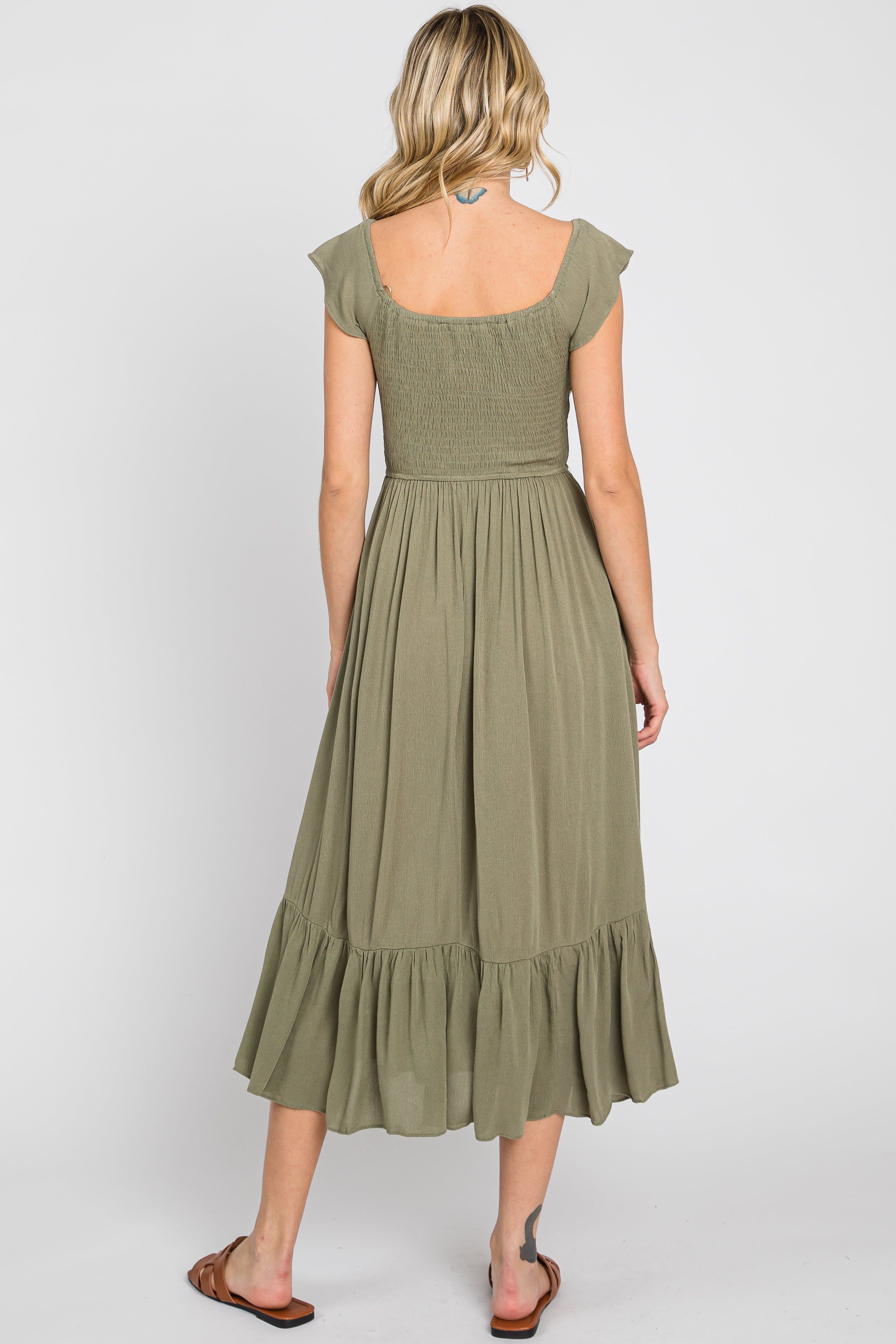 Olive Smocked Ruched Ruffle Hem Maxi Dress sold by Pinkblush product image thumbnail 4