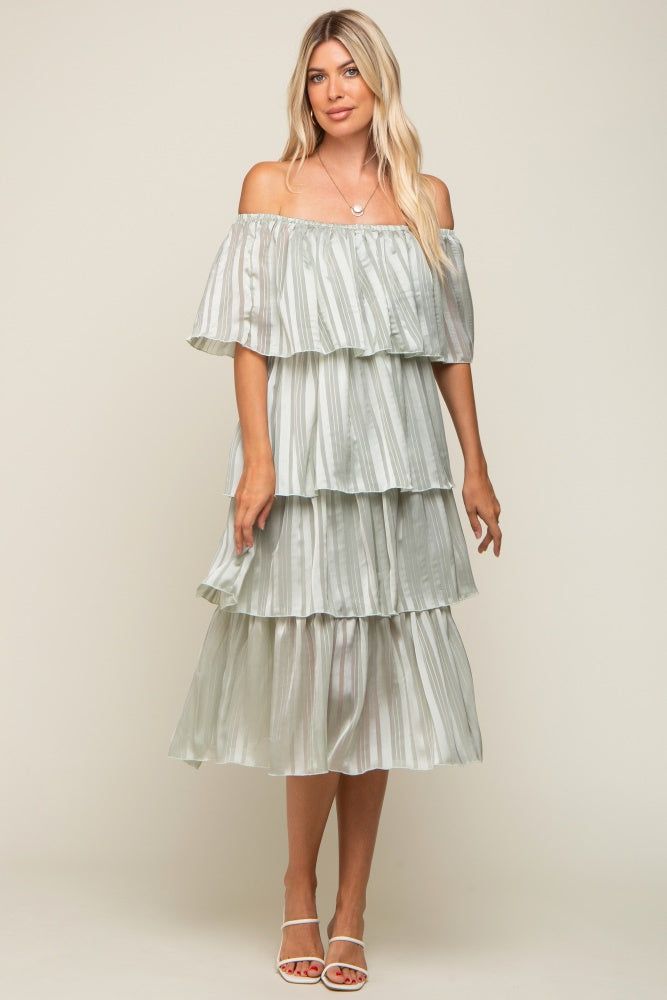 Light Mint Green Striped Layered Midi Dress sold by Pinkblush