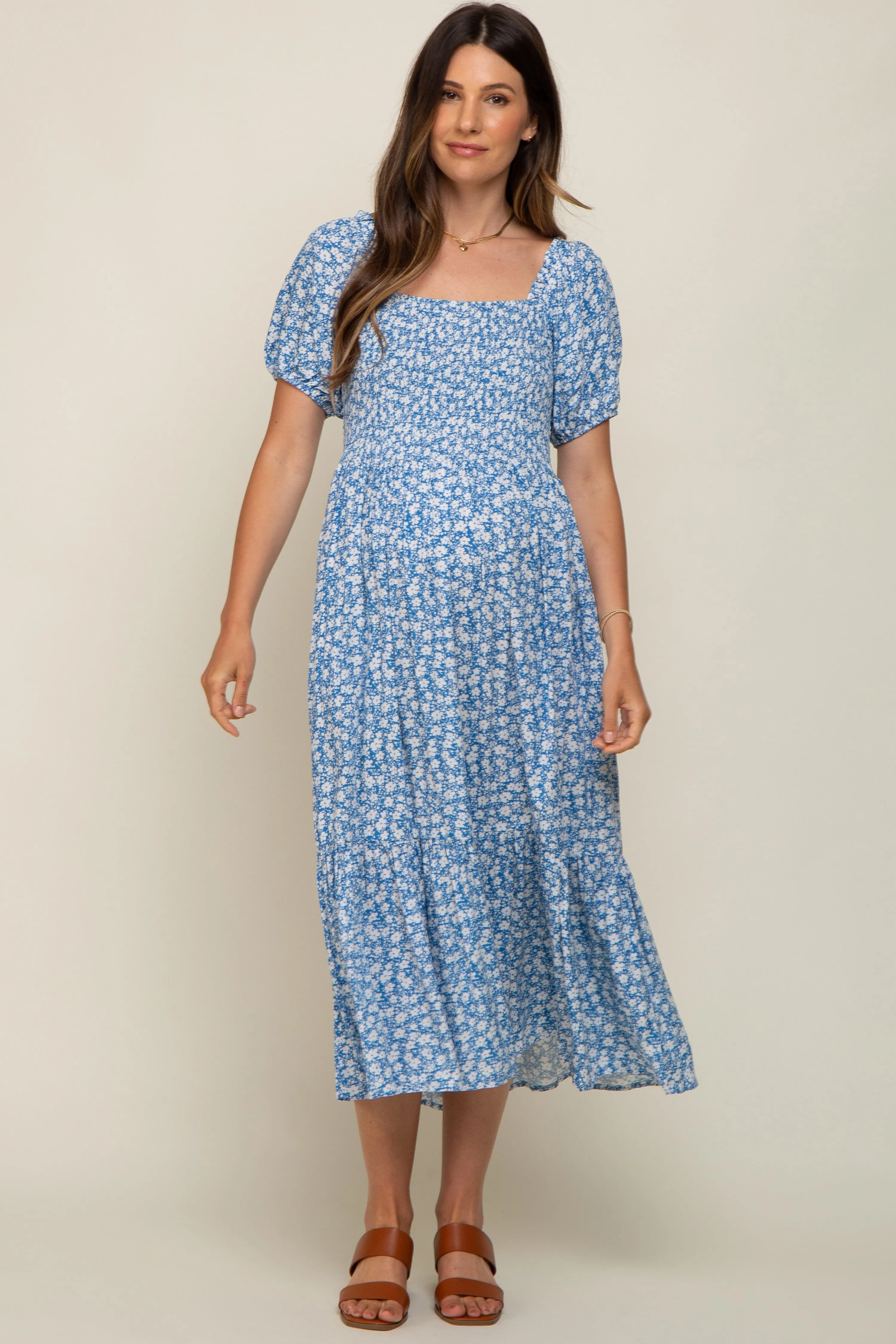 Blue Floral Smocked Short Sleeve Maternity Midi Dress sold by Pinkblush product image thumbnail 4