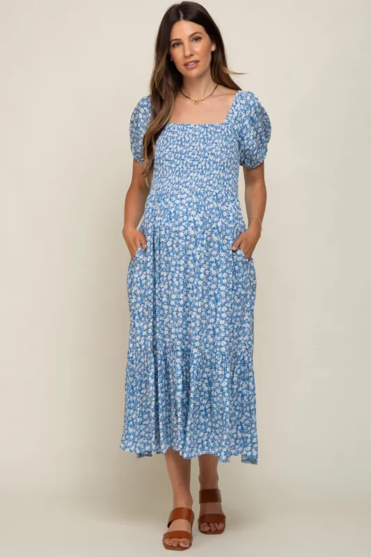 Blue Floral Smocked Short Sleeve Maternity Midi Dress sold by Pinkblush