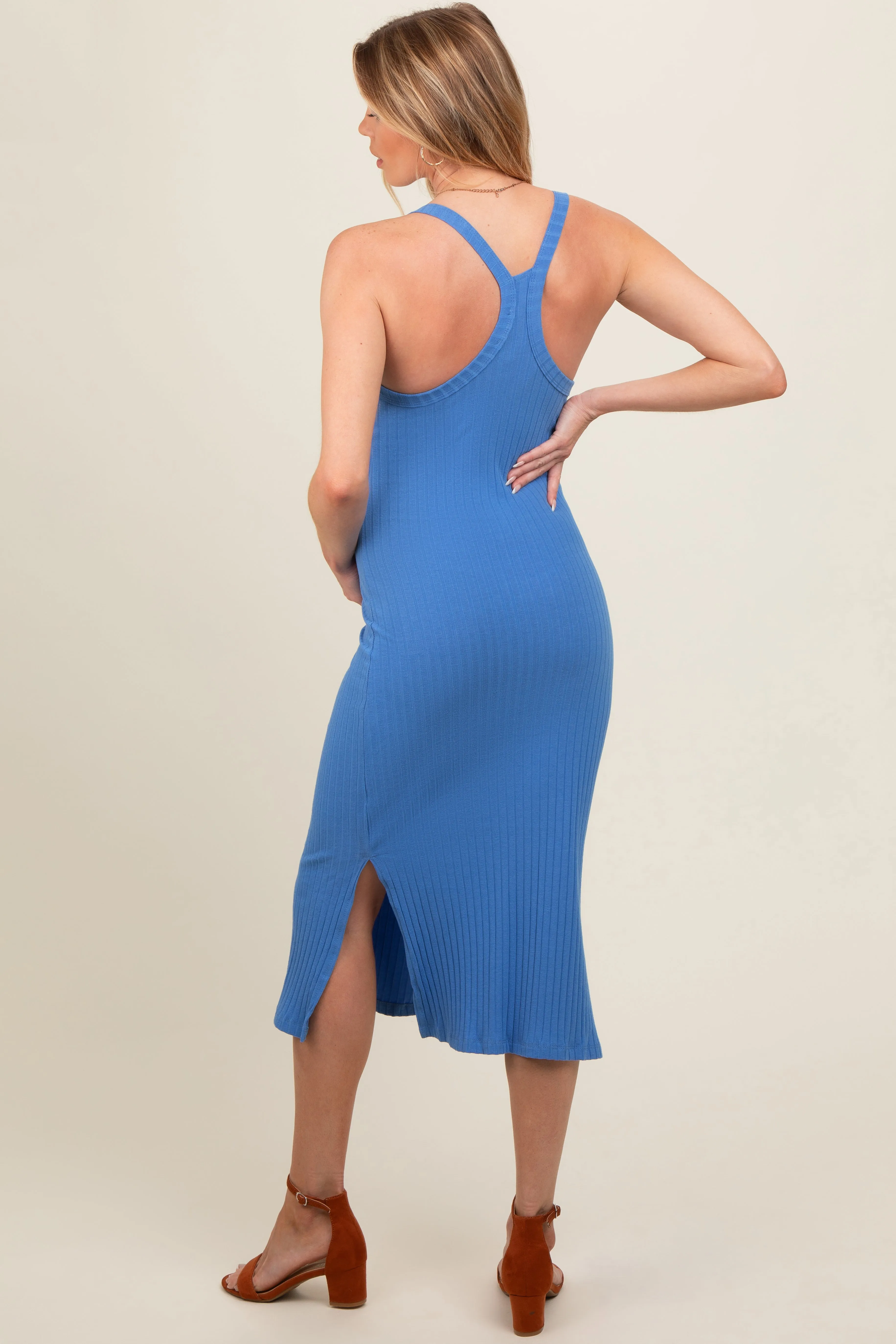 Blue Ribbed Racerback Maternity Midi Dress sold by Pinkblush product image thumbnail 3