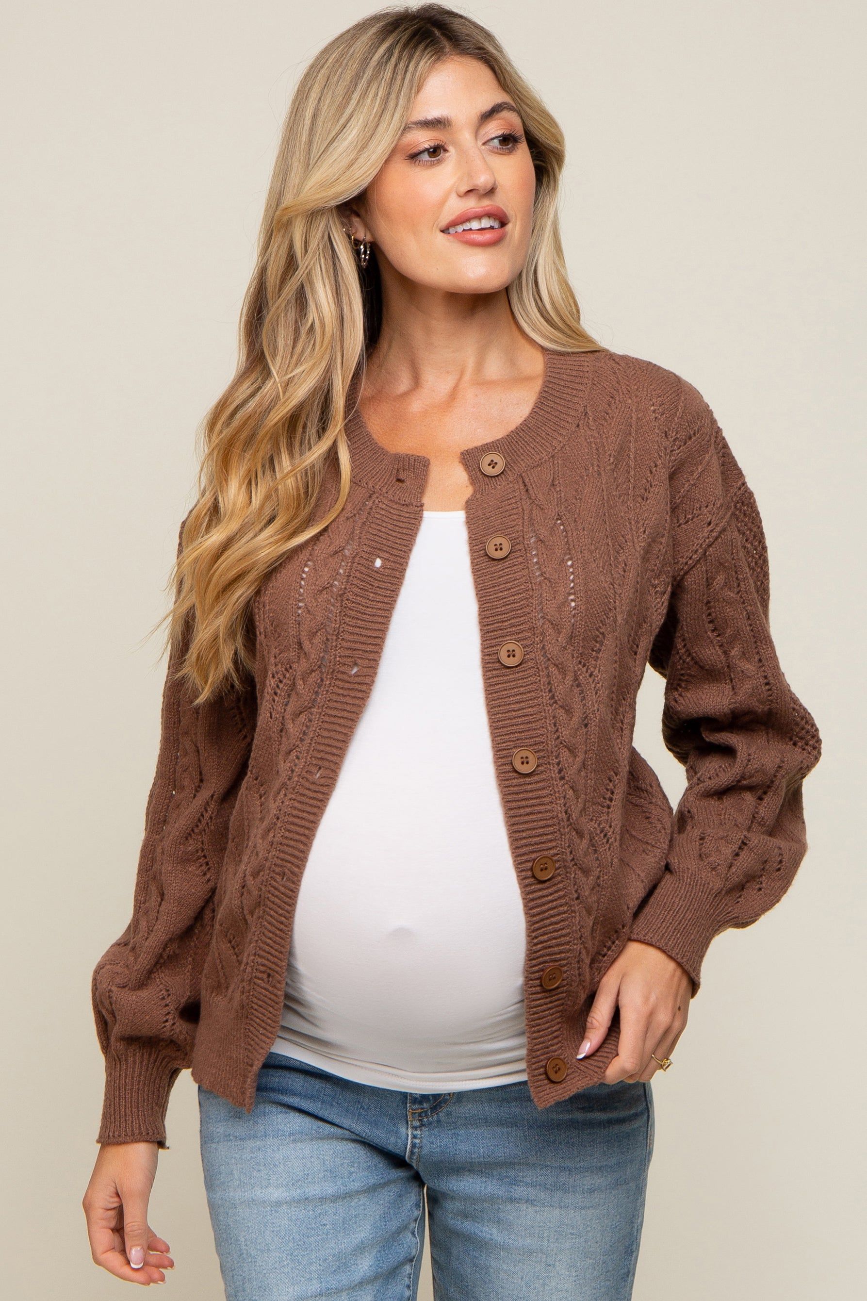 Dark Mocha Mixed Knit Maternity Cardigan sold by Pinkblush