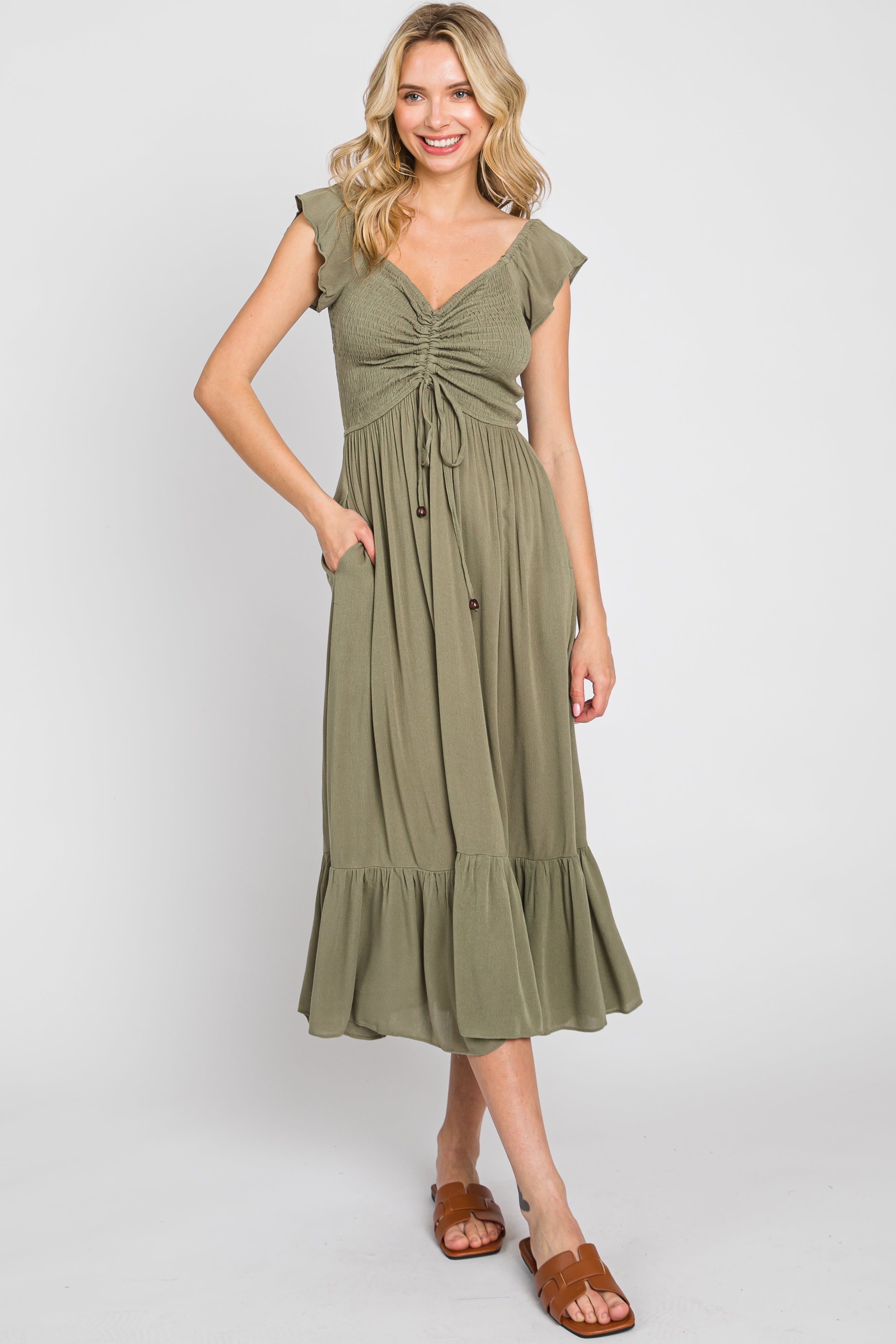 Olive Smocked Ruched Ruffle Hem Maxi Dress sold by Pinkblush product image thumbnail 2