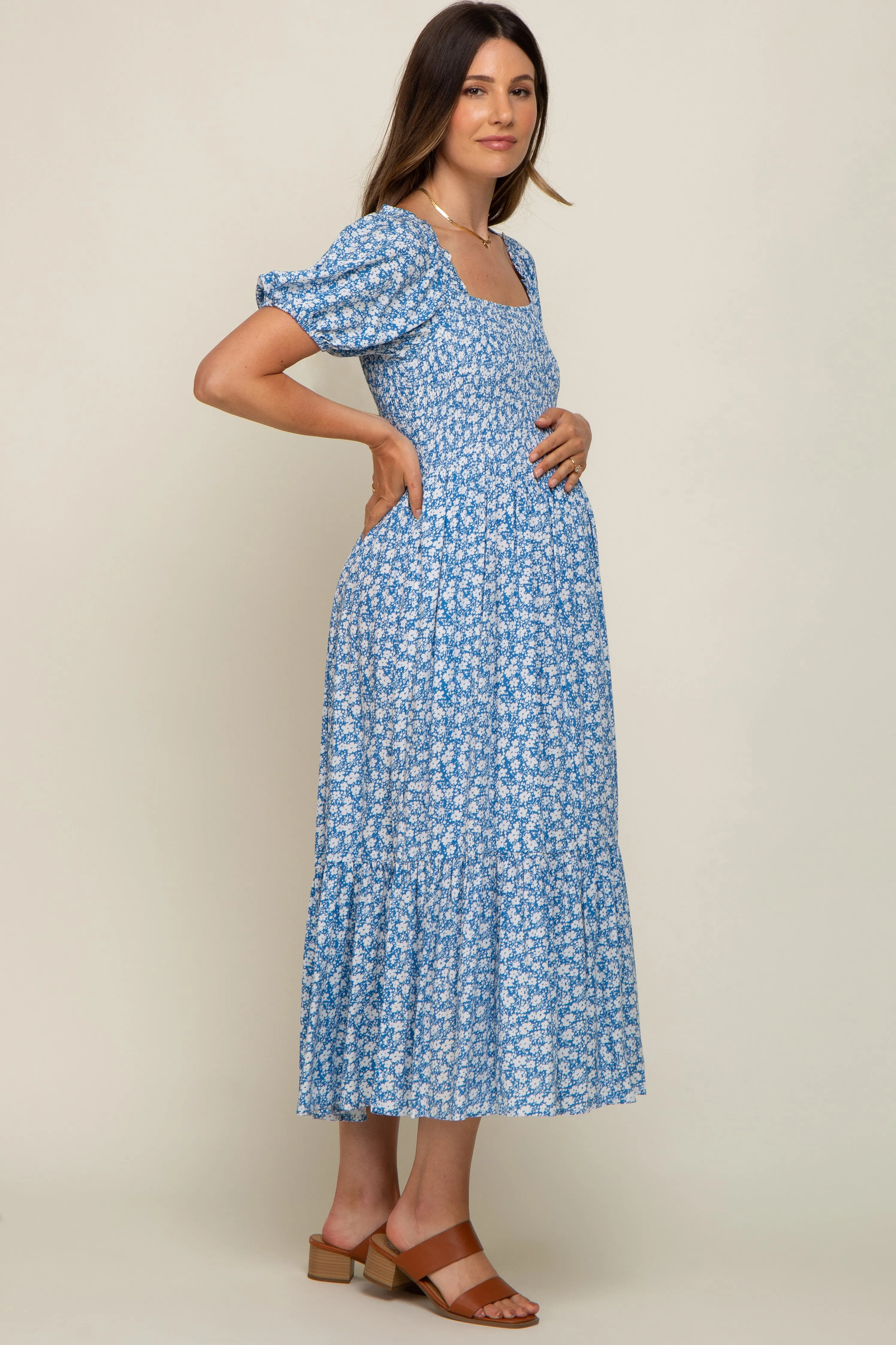 Blue Floral Smocked Short Sleeve Maternity Midi Dress sold by Pinkblush product image thumbnail 2