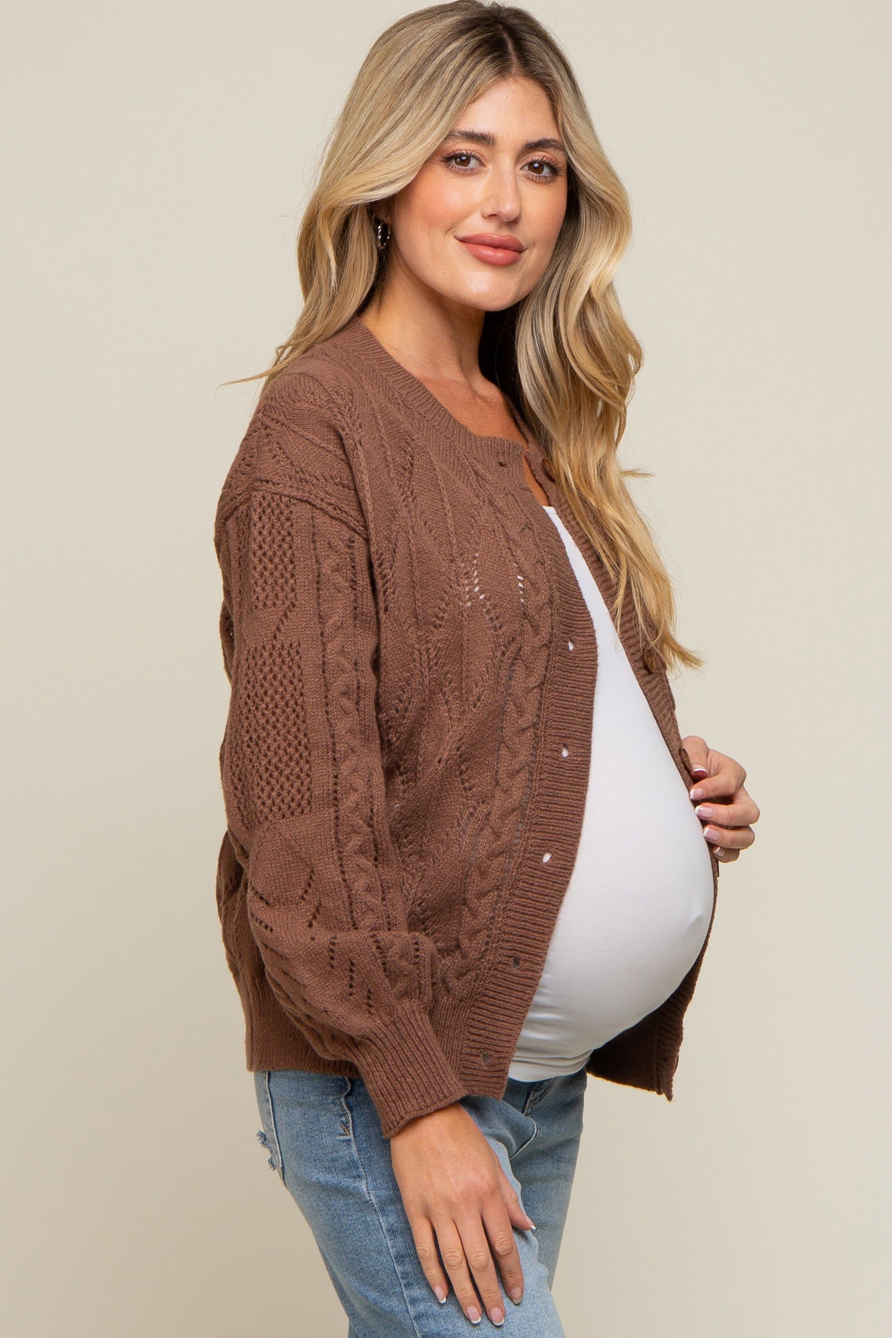 Dark Mocha Mixed Knit Maternity Cardigan sold by Pinkblush product image thumbnail 2