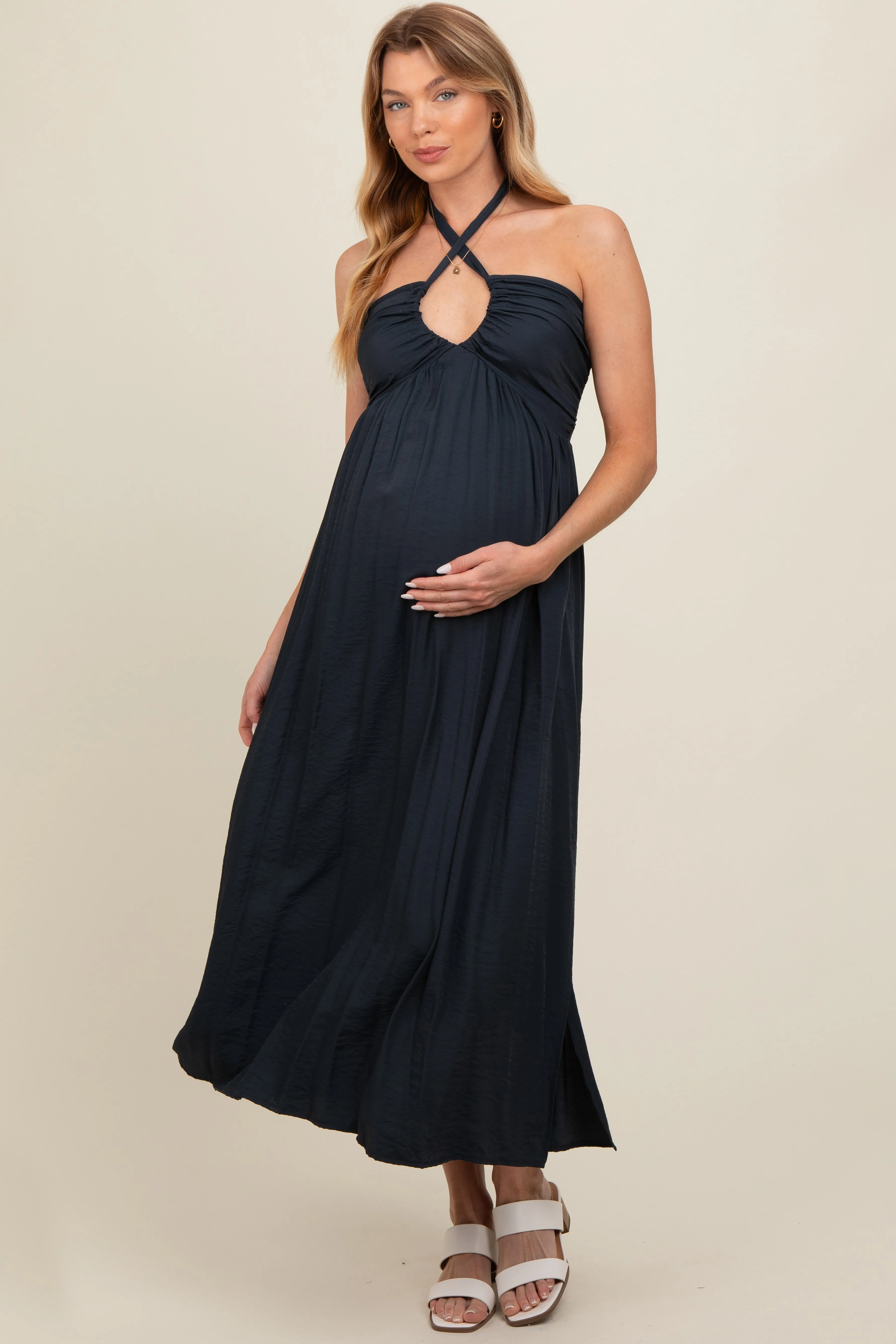 Charcoal Halter Deep V-Neck Maternity Maxi Dress sold by Pinkblush product image thumbnail 2