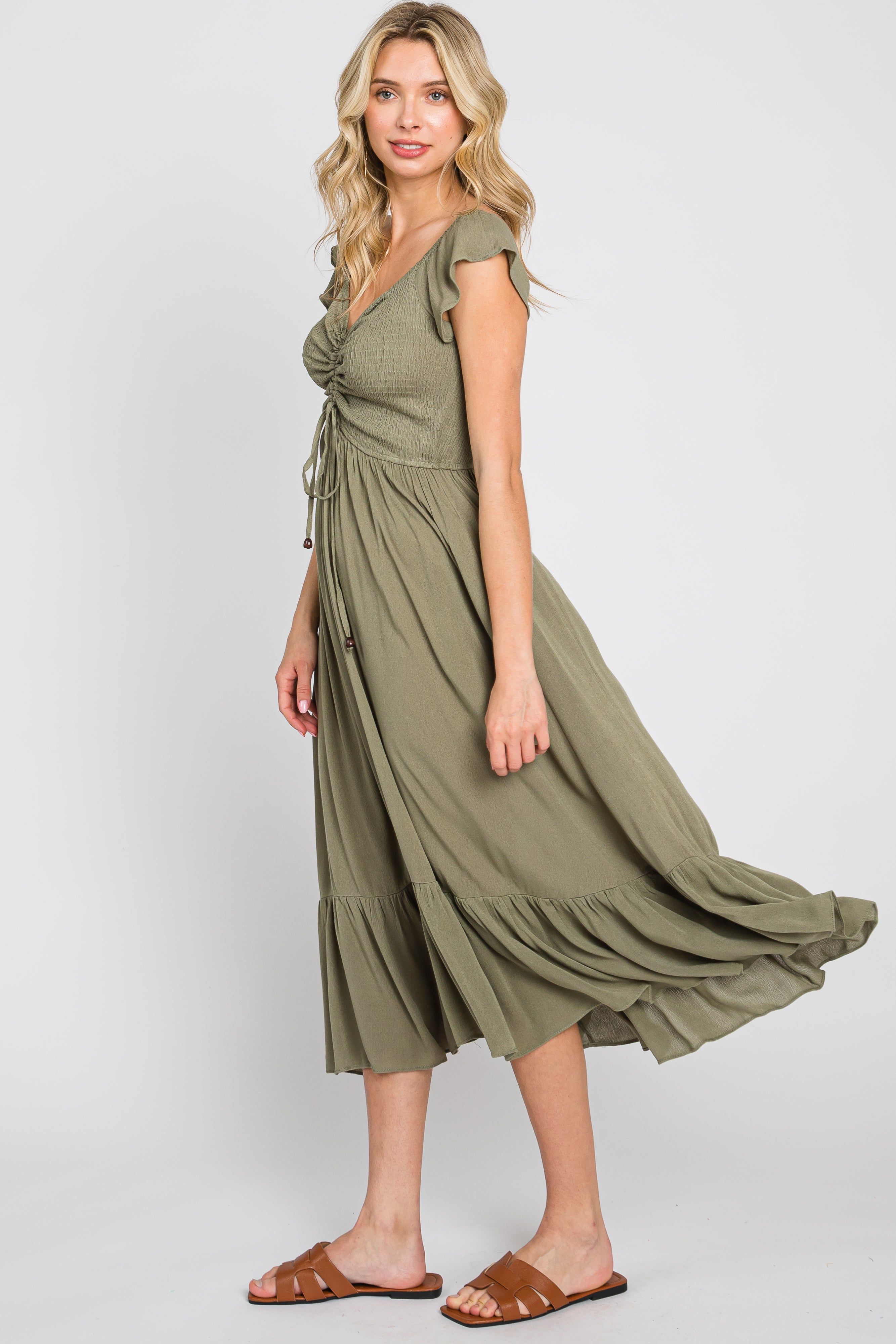 Olive Smocked Ruched Ruffle Hem Maxi Dress sold by Pinkblush product image thumbnail 3