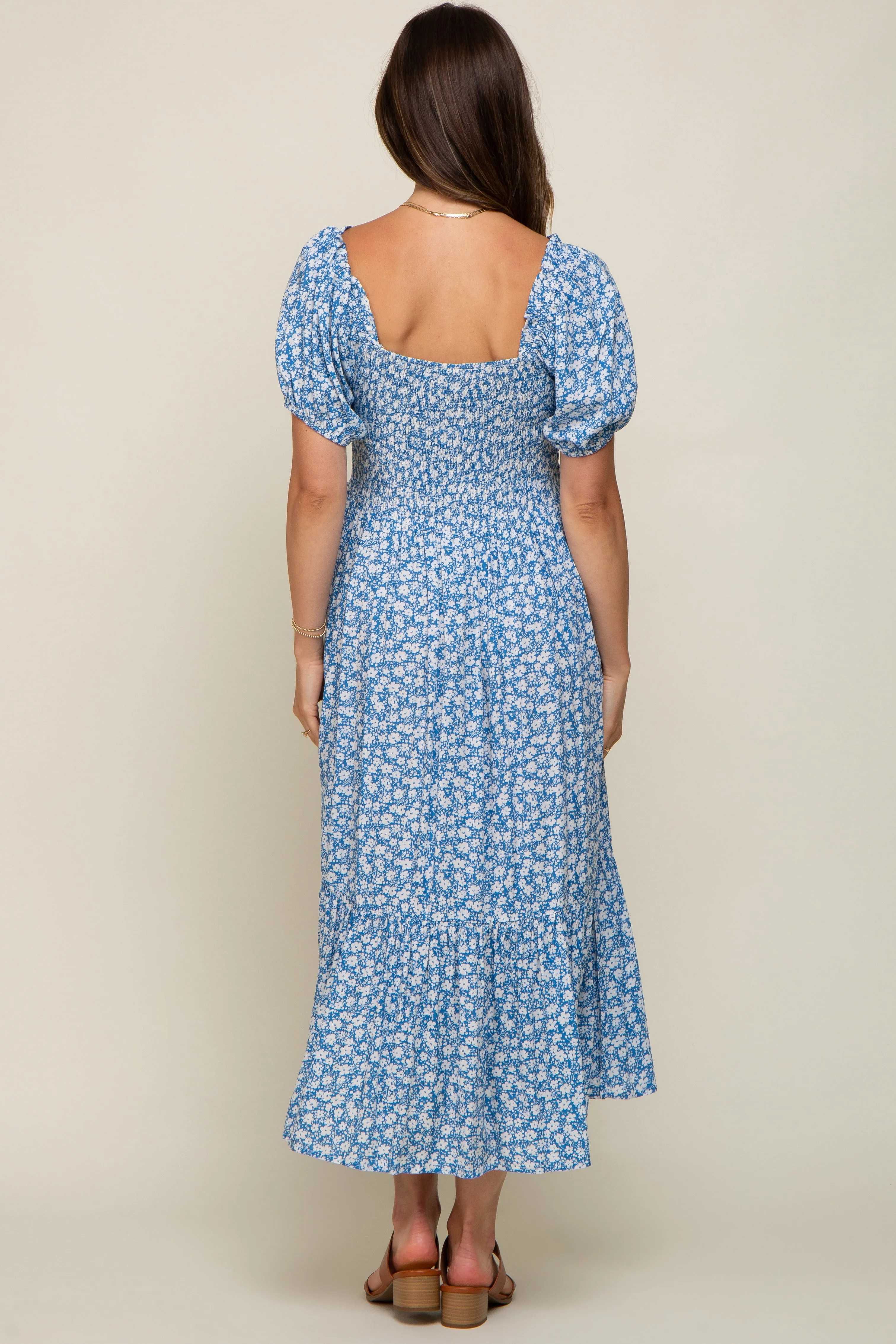 Blue Floral Smocked Short Sleeve Maternity Midi Dress sold by Pinkblush product image thumbnail 3