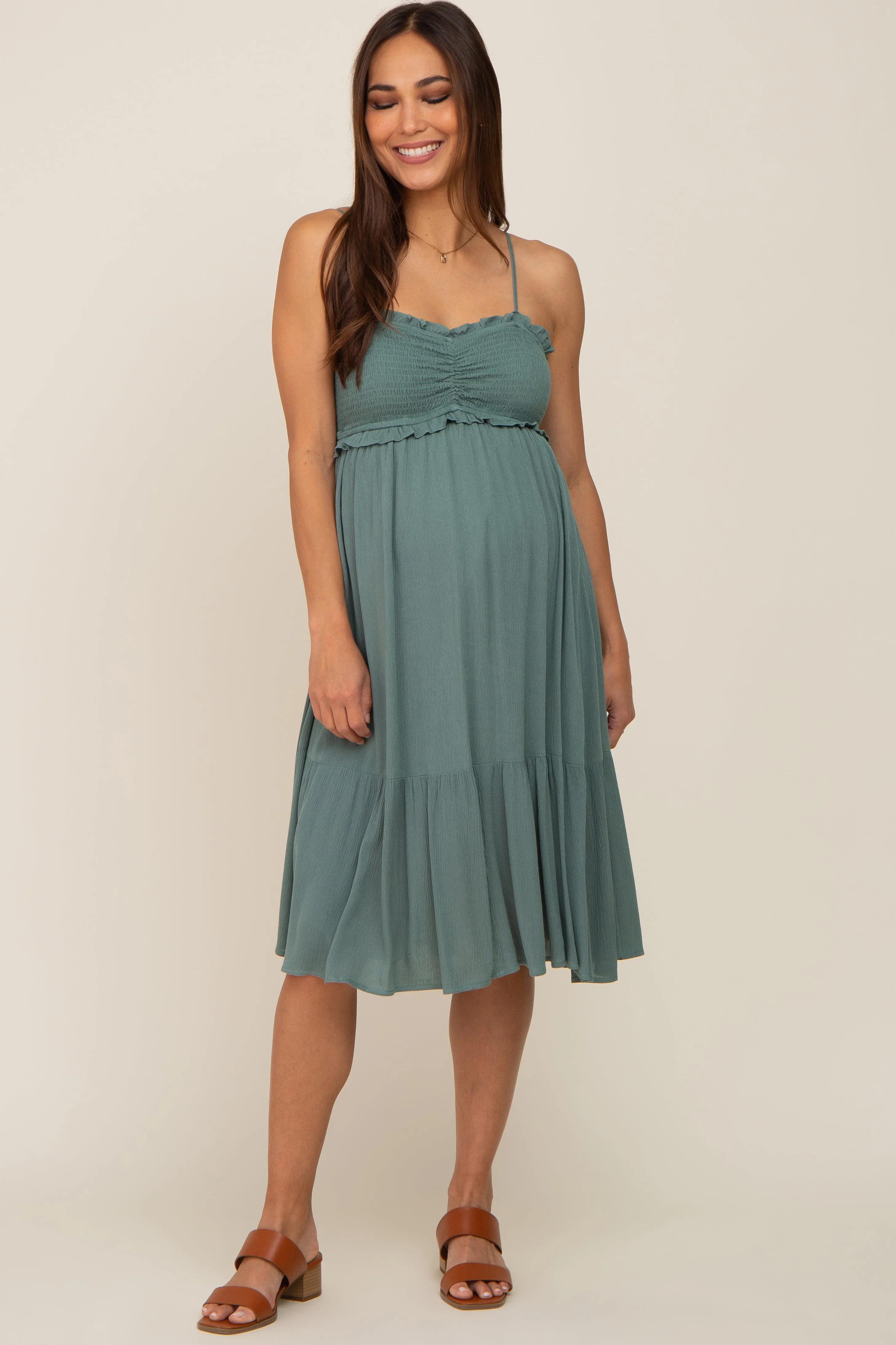 Light Olive Smocked Ruffle Accent Maternity Midi Dress sold by Pinkblush product image thumbnail 4