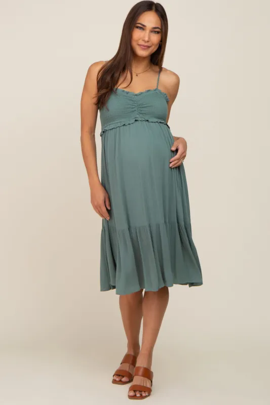 Light Olive Smocked Ruffle Accent Maternity Midi Dress sold by Pinkblush