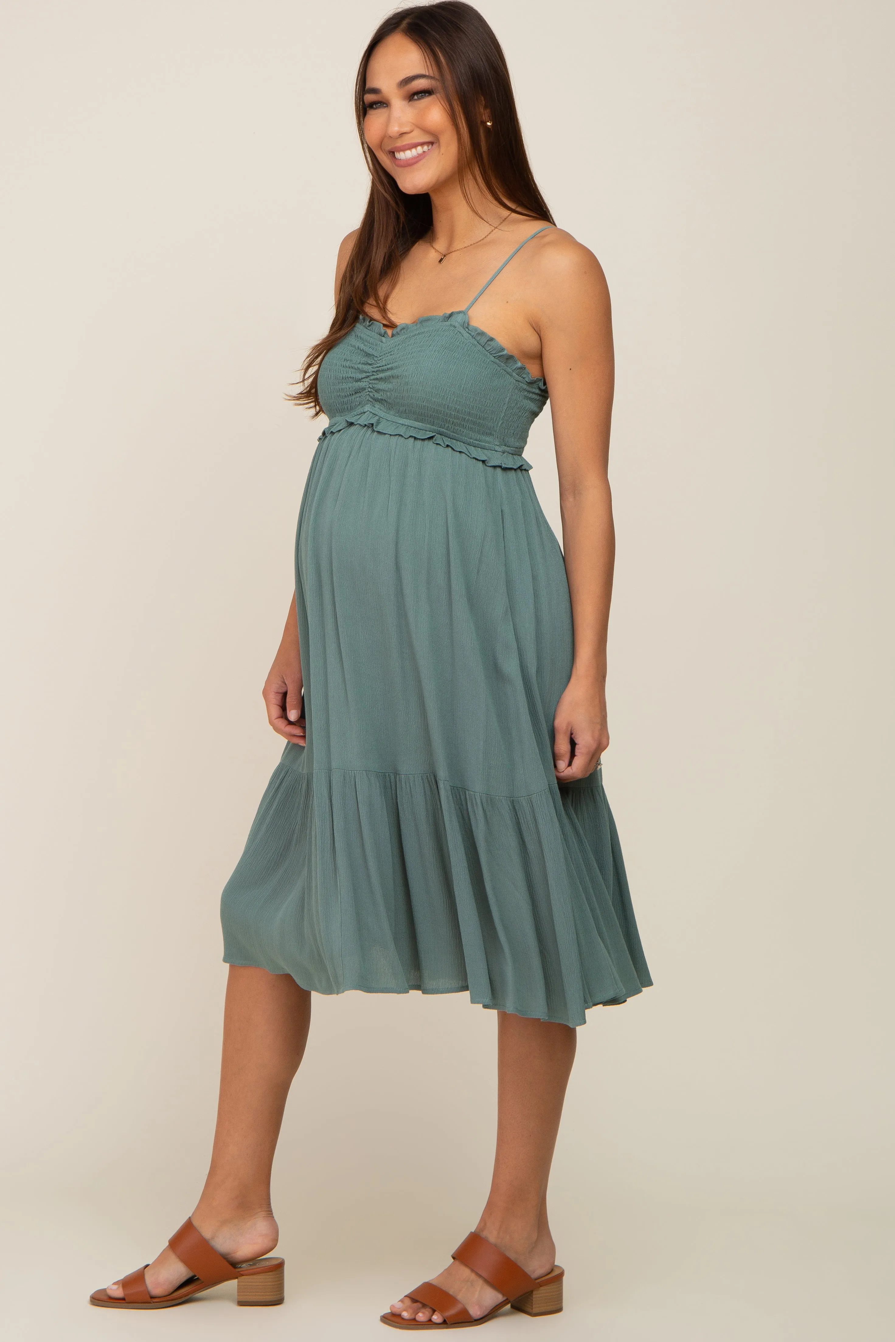 Light Olive Smocked Ruffle Accent Maternity Midi Dress sold by Pinkblush product image thumbnail 2