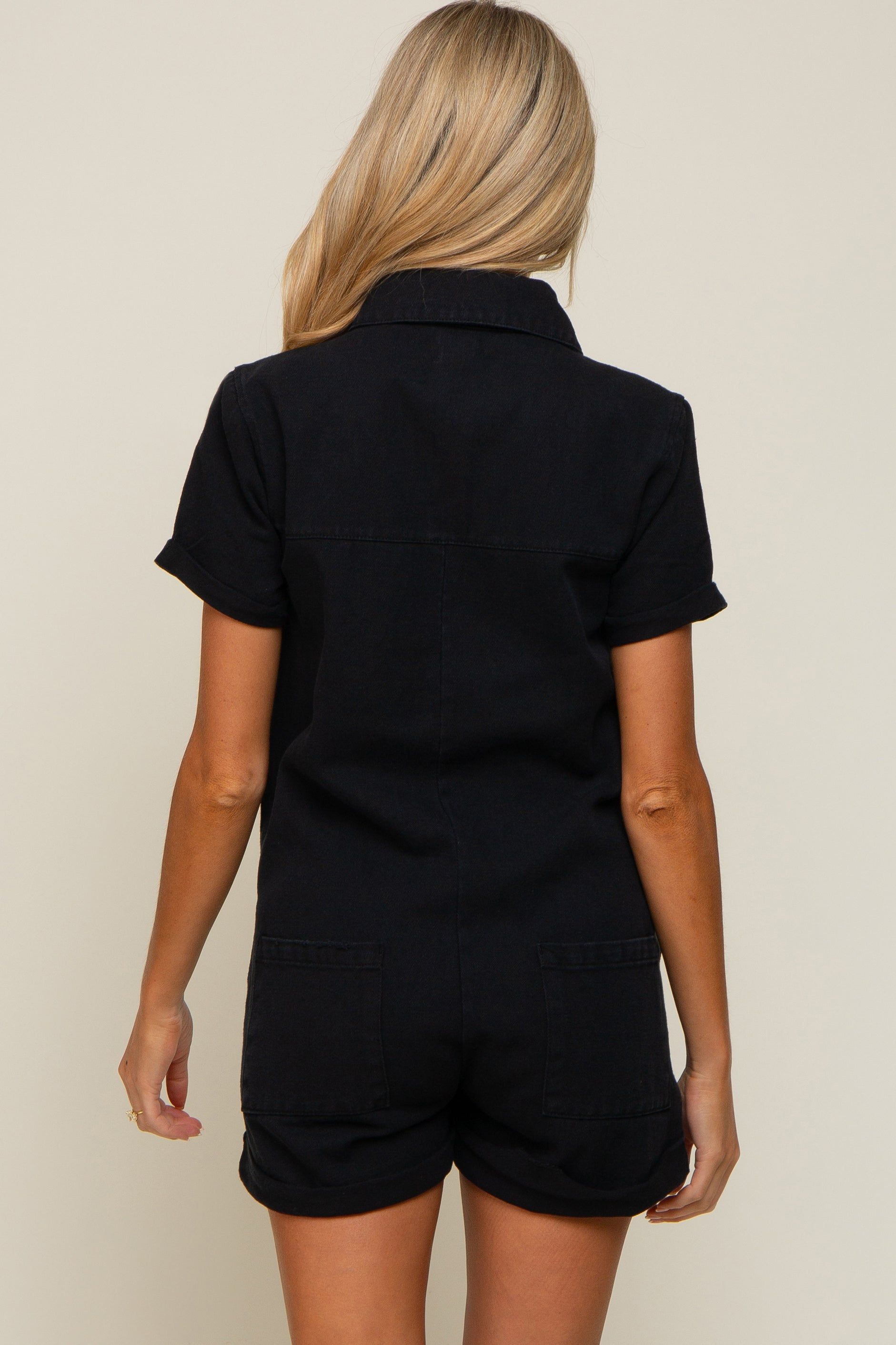 Black Denim Button Front Short Sleeve Maternity Romper sold by Pinkblush product image thumbnail 3