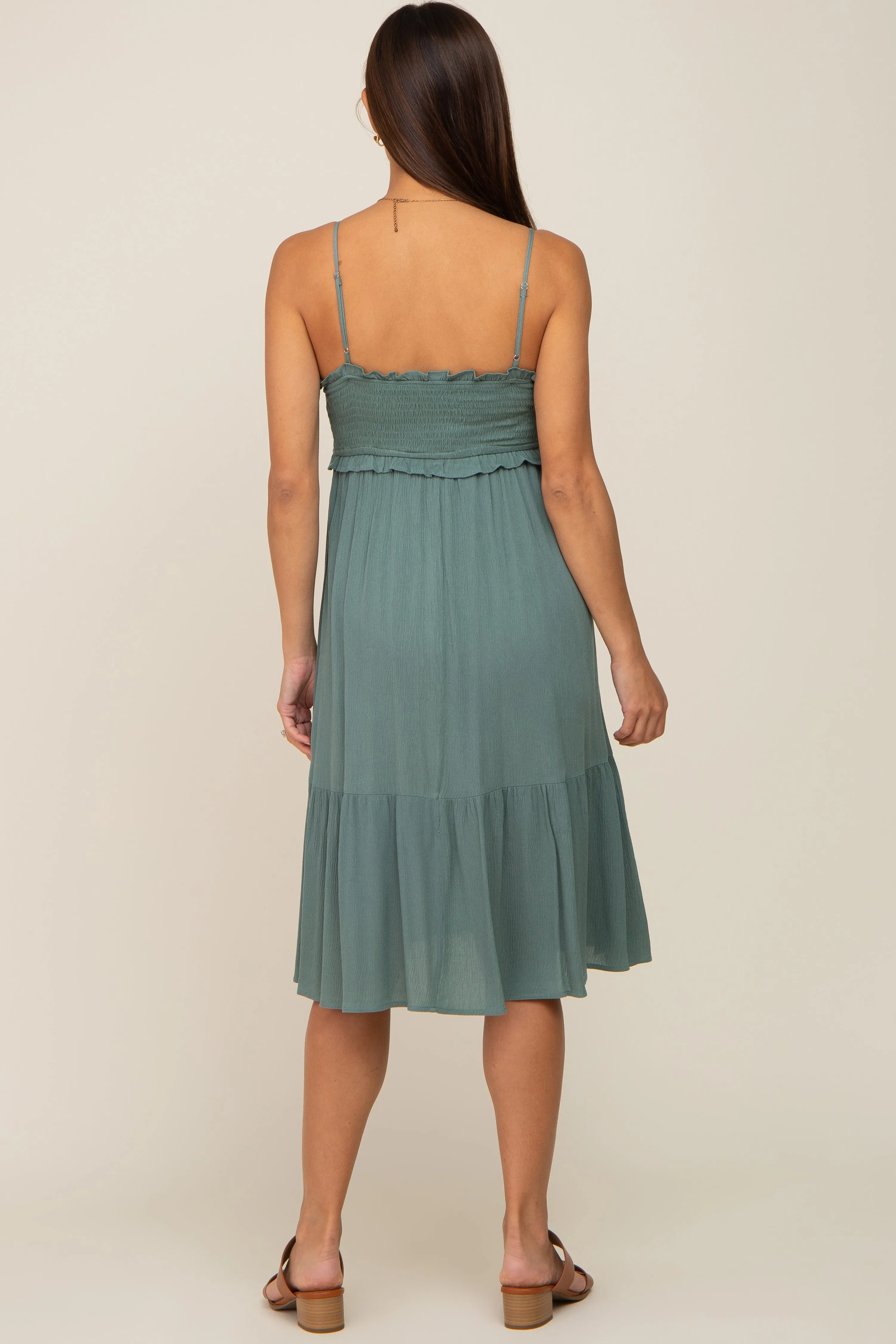 Light Olive Smocked Ruffle Accent Maternity Midi Dress sold by Pinkblush product image thumbnail 3